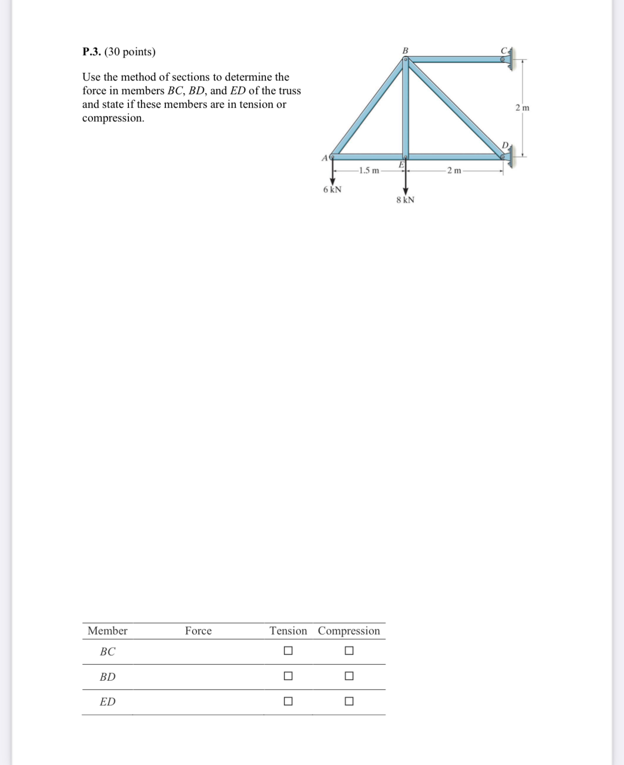 P . 3 . ( 3 0 points ) Use the method of sections