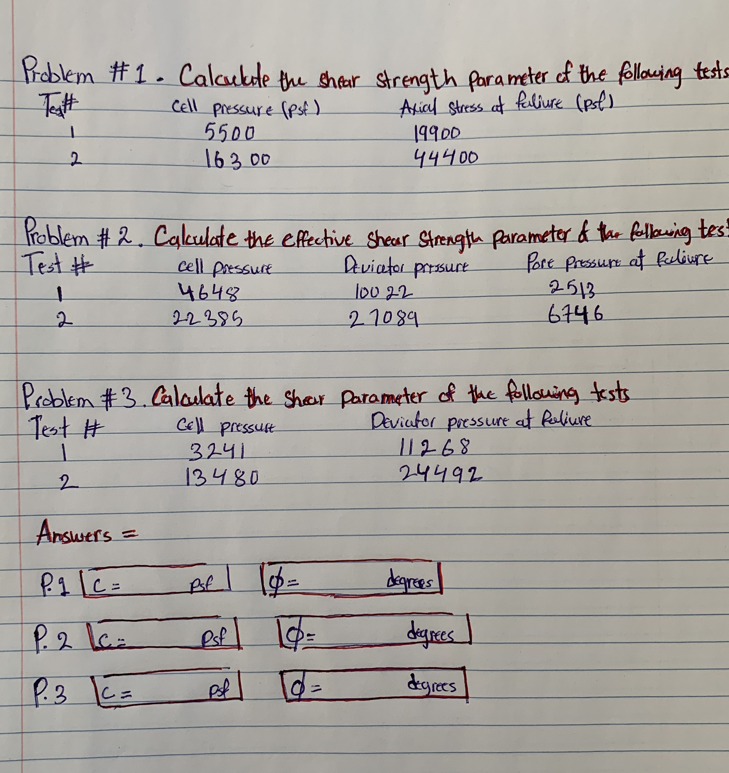 Problem # 1 . Calculate the shear strength
