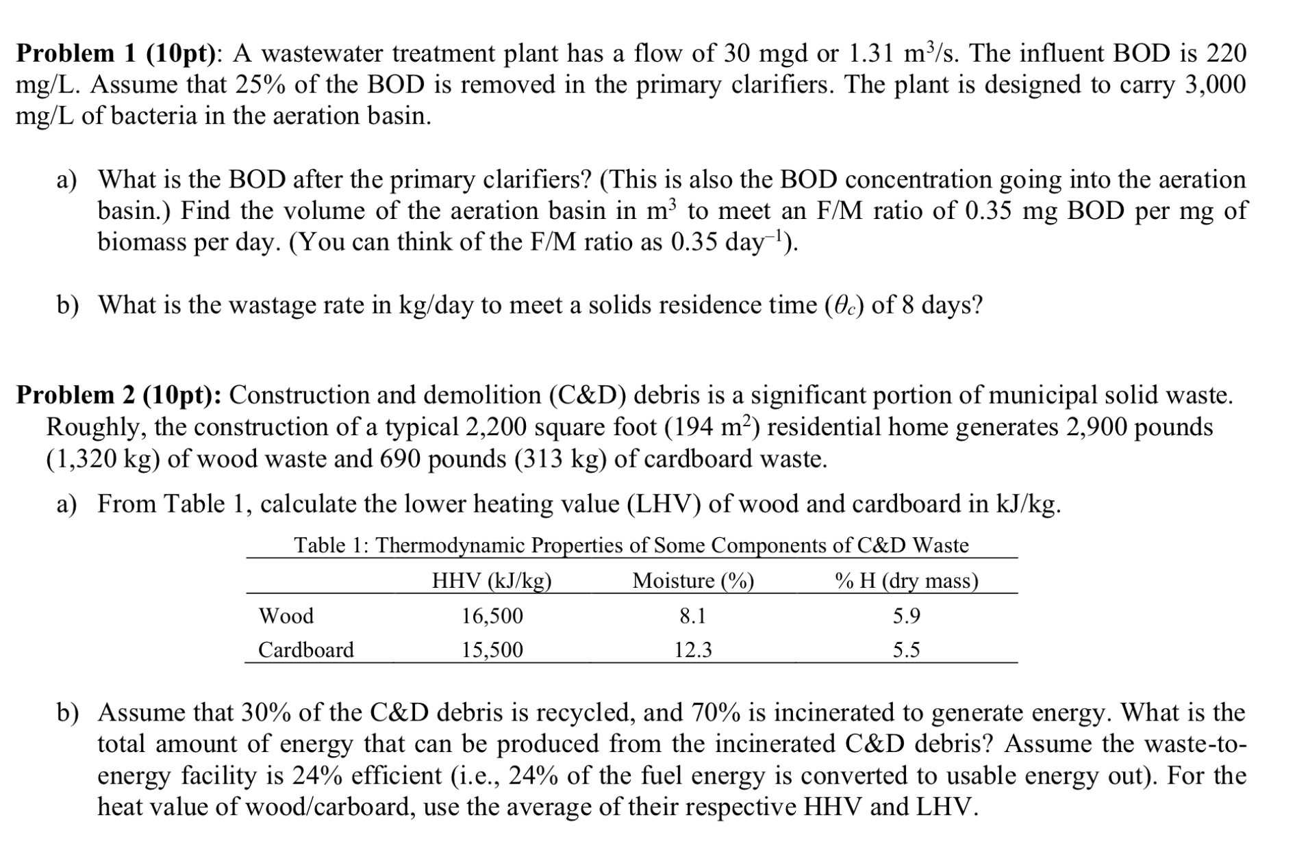 Problem 1 ( 1 0 pt ) : A wastewater treatment