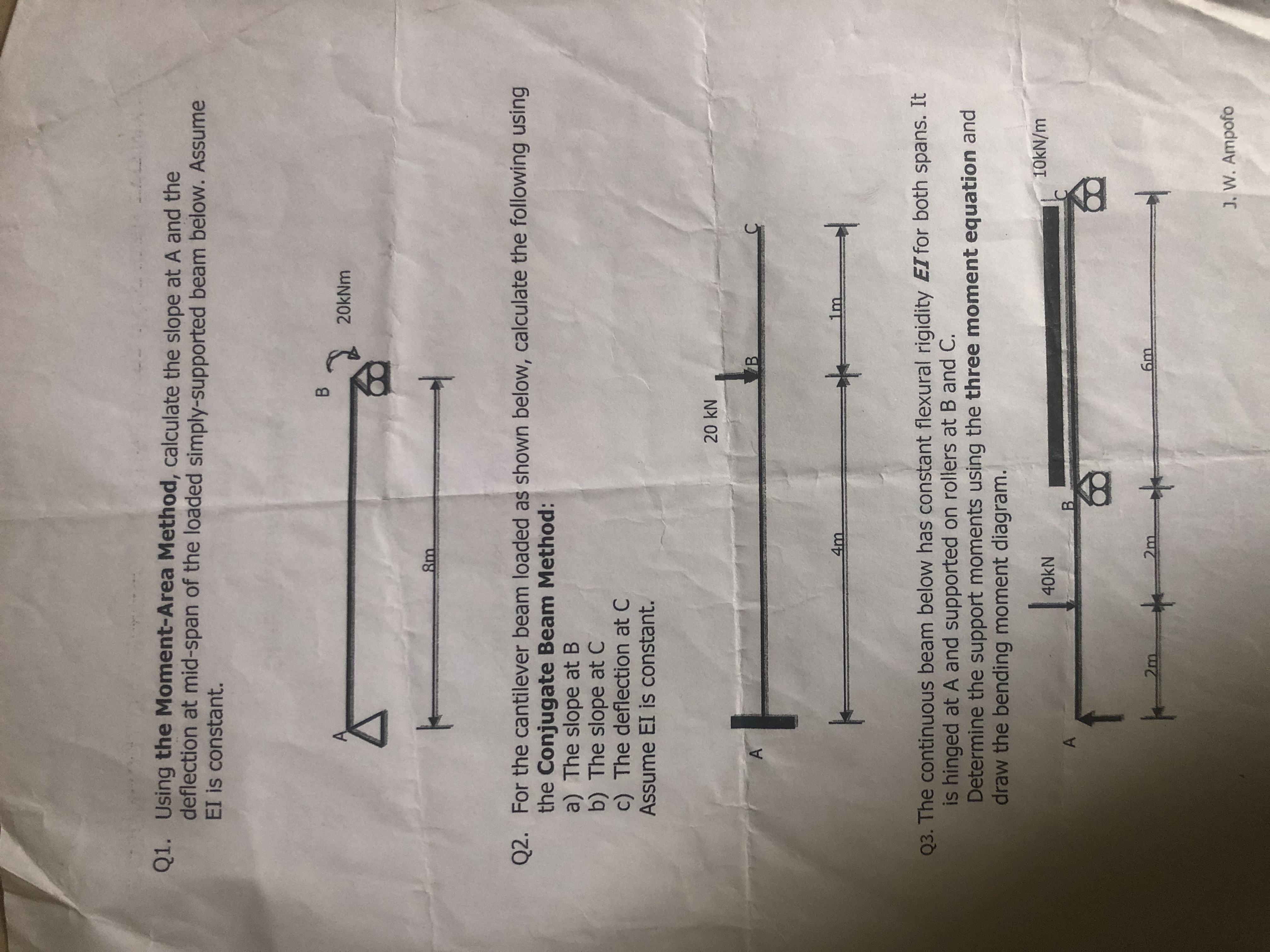 Q 1 . Using the Moment - Area Method, calculate