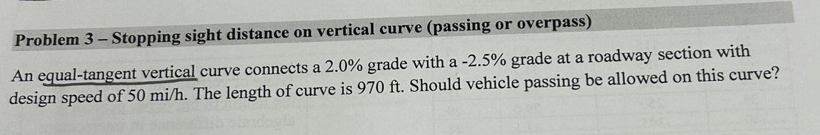 Problem 3 - Stopping sight distance on vertical
