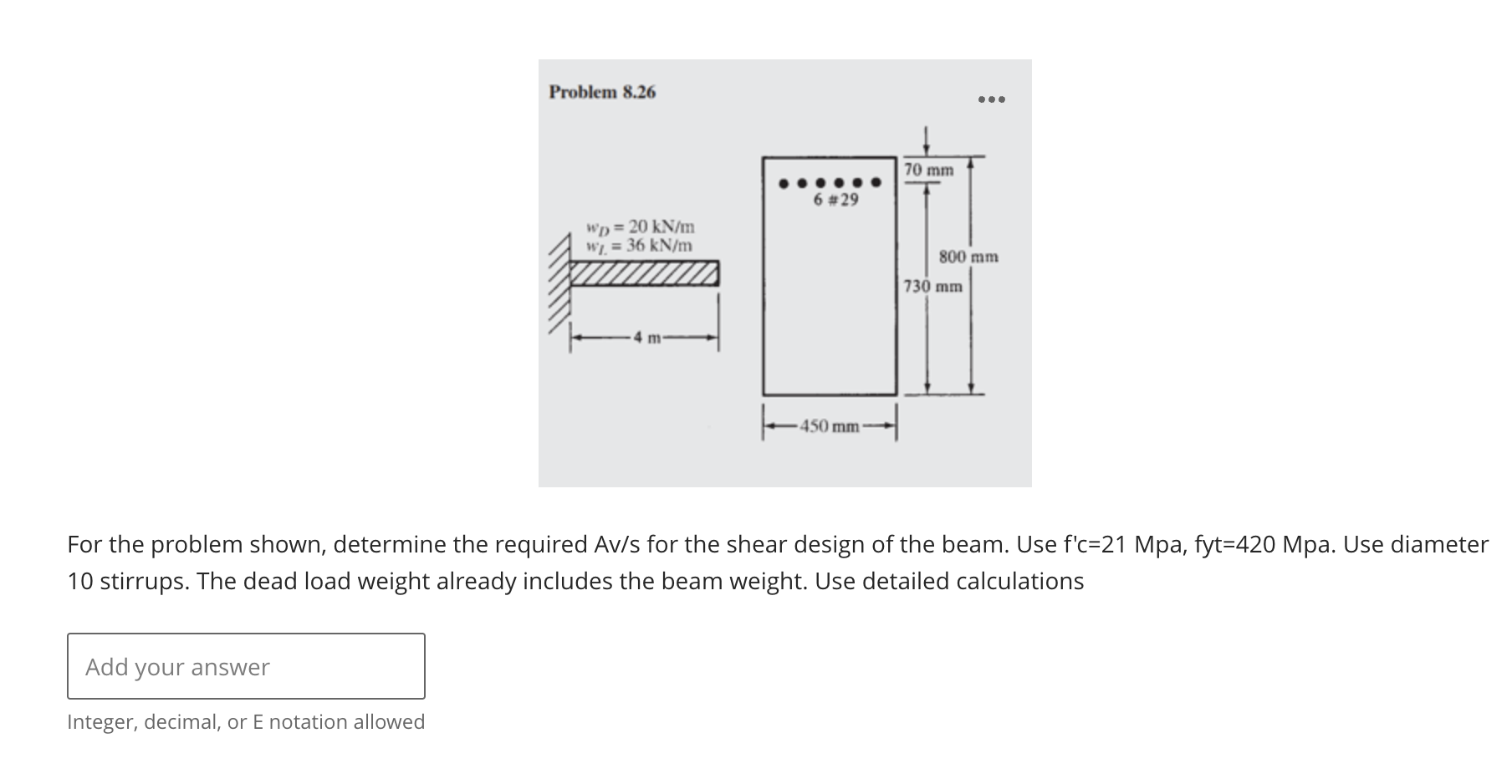 For the problem shown, determine the required Av