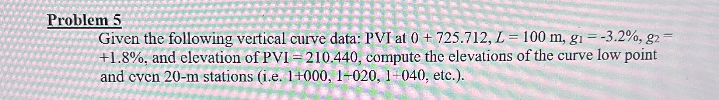 Problem 5 Given the following vertical curve