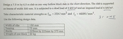 Design a 7 . 5 m by 6 . 5 m slab as one - way