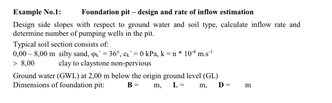 Example No . 1 : , Foundation pit - design and