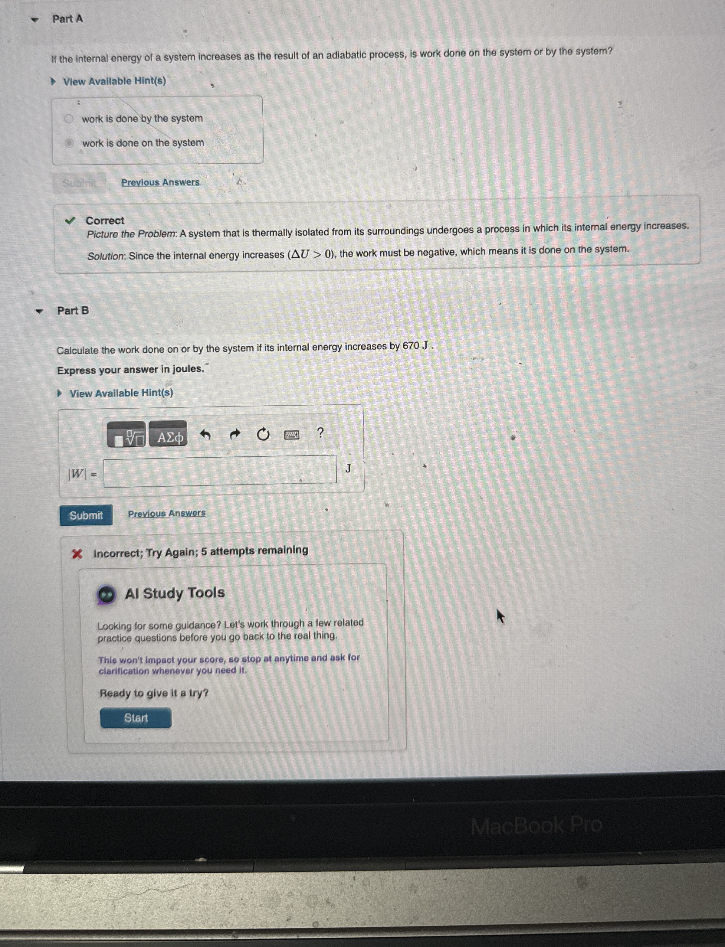 Part A If the internal energy of a system