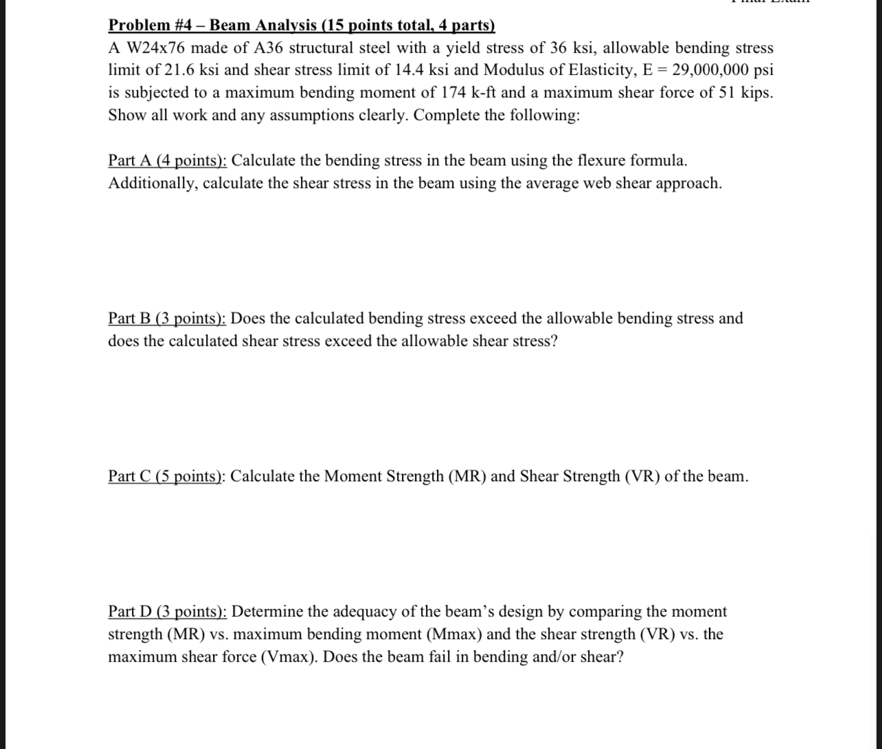 Problem # 4 - Beam Analysis ( 1 5 points total, 4