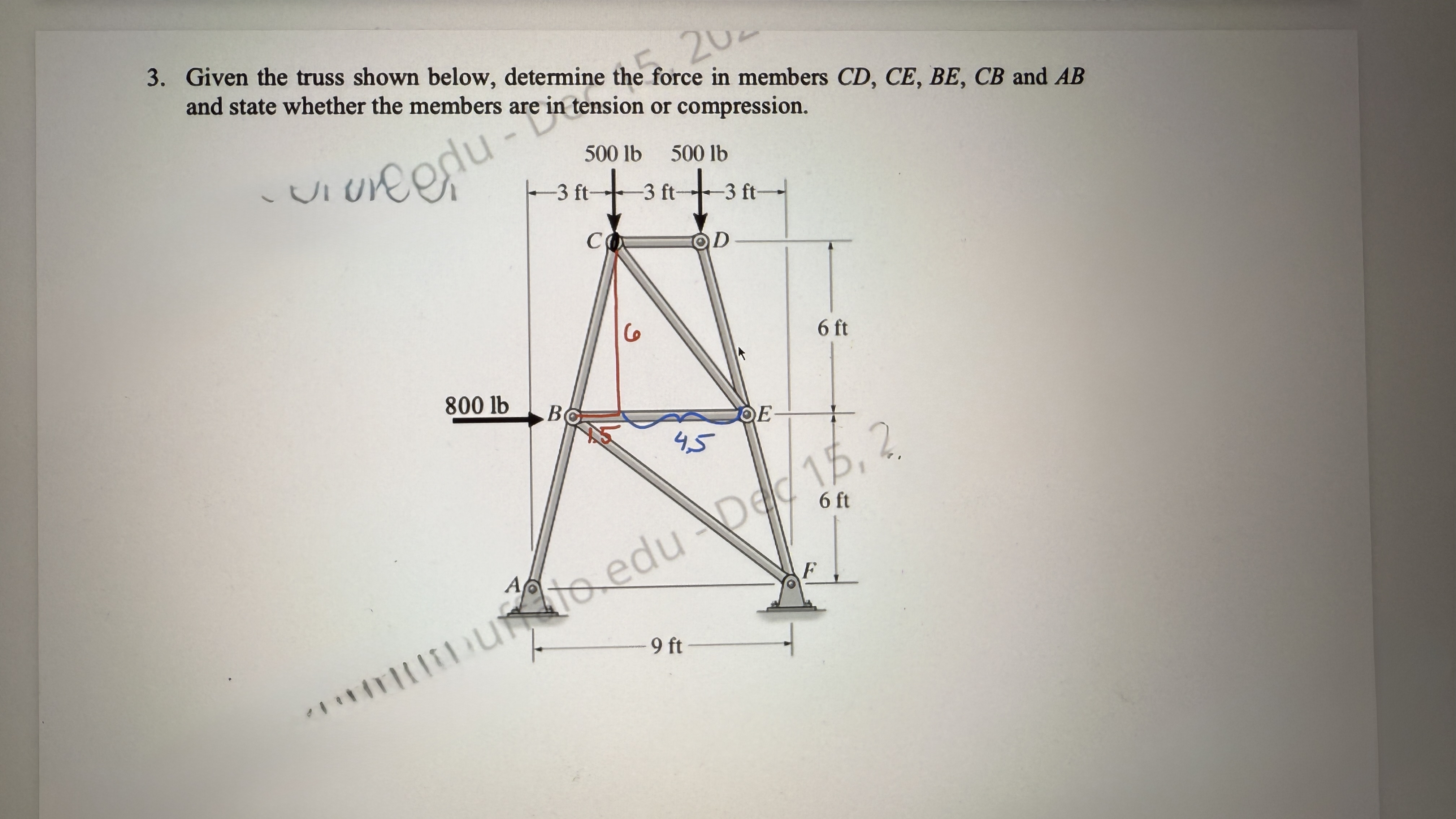 Given the truss shown below, determine the force