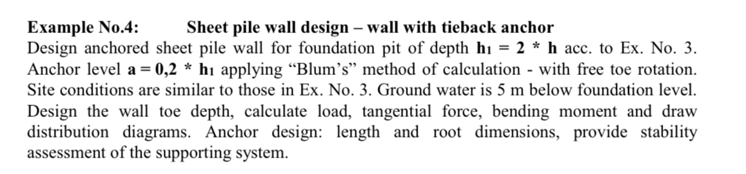 Example No . 4 : , Sheet pile wall design - wall