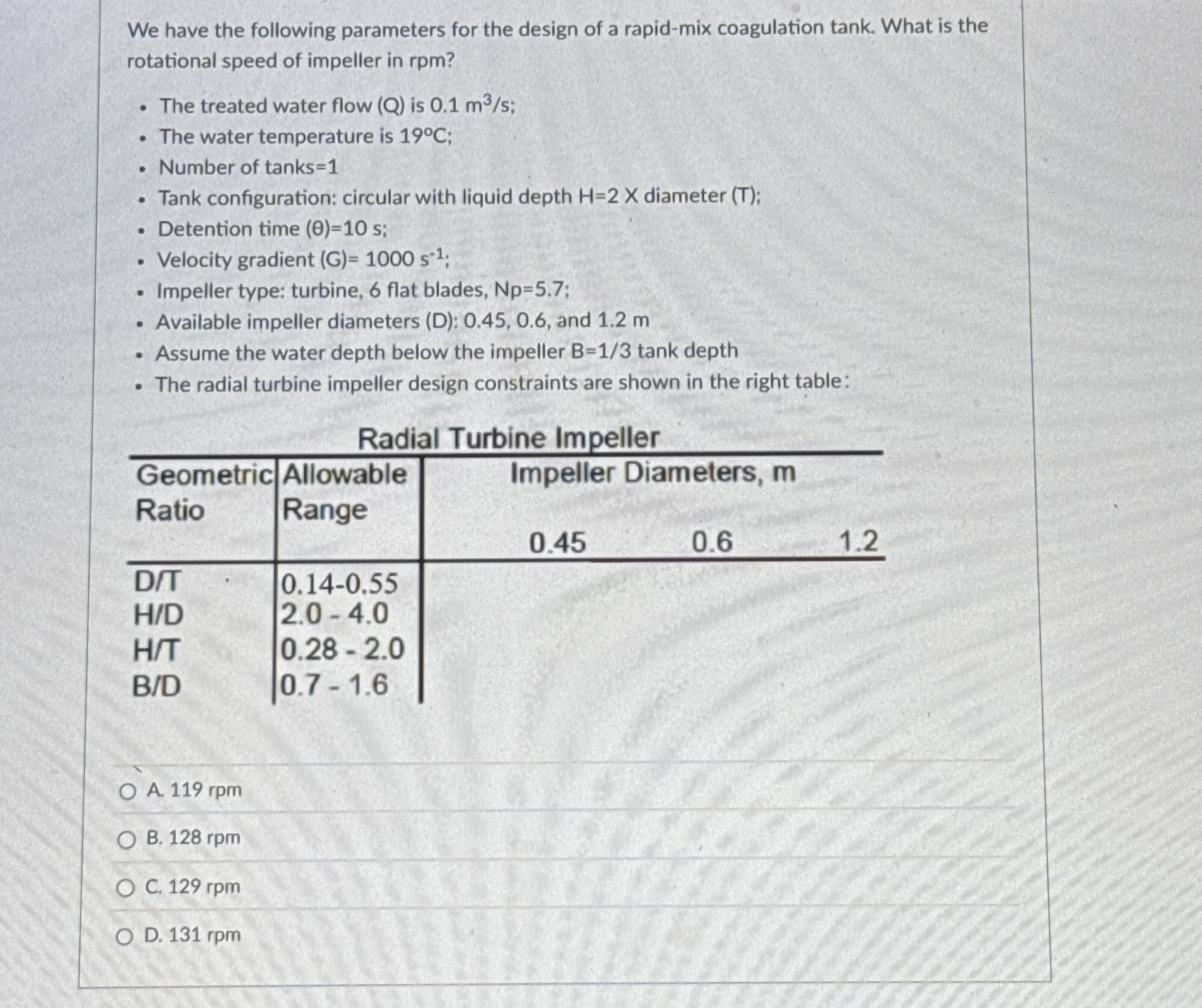 We have the following parameters for the design