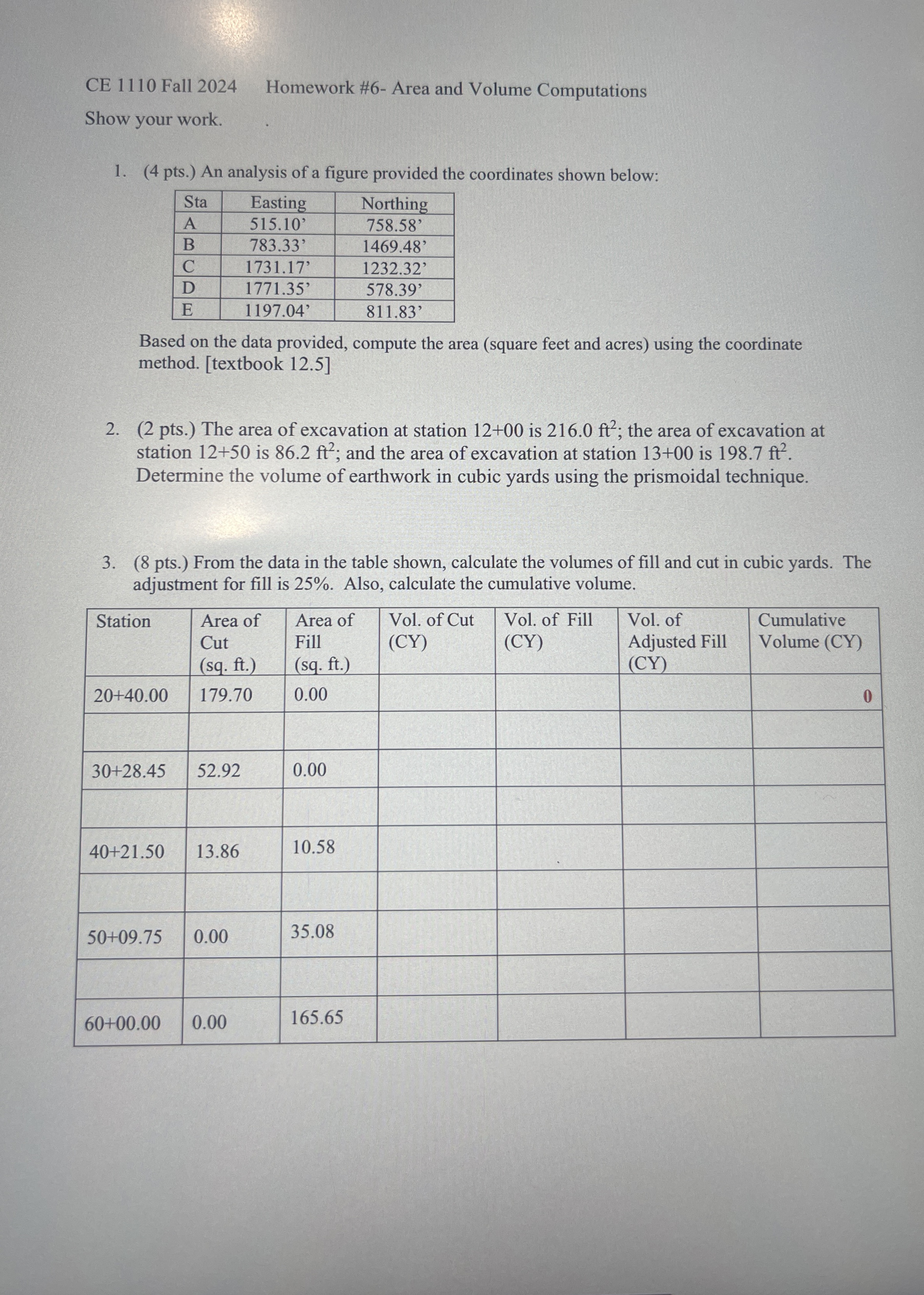 CE 1 1 1 0 Fall 2 0 2 4 Homework # 6 - Area and