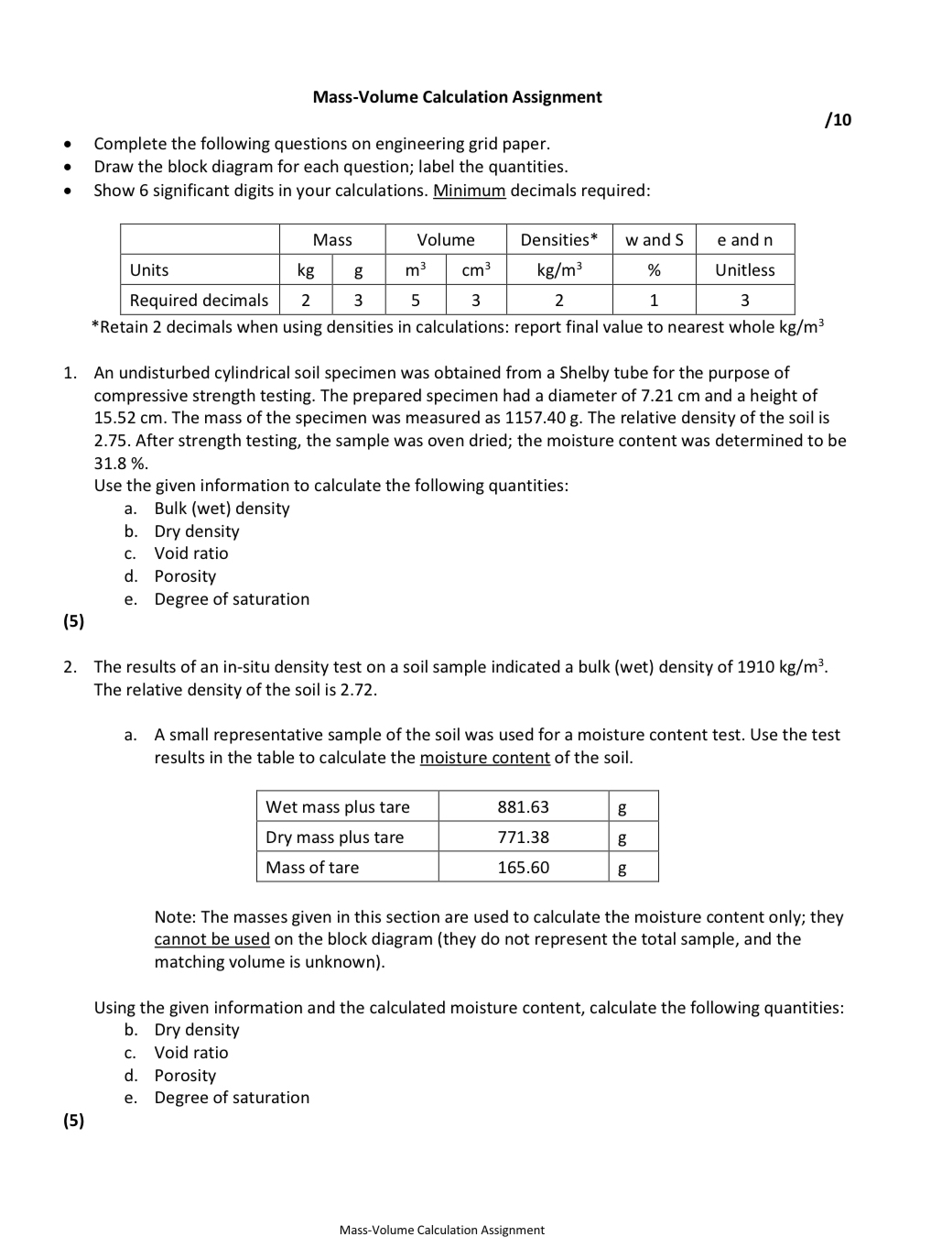 Mass - Volume Calculation Assignment / 1 0