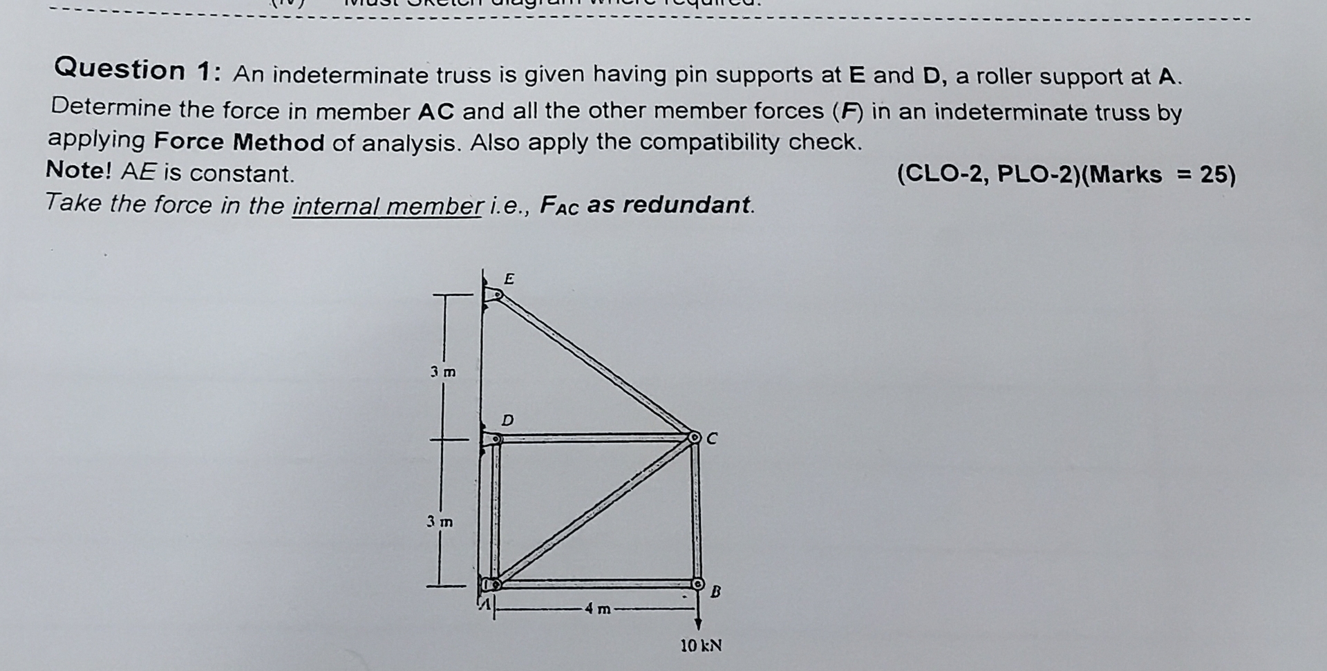 Question 1 : An indeterminate truss is given
