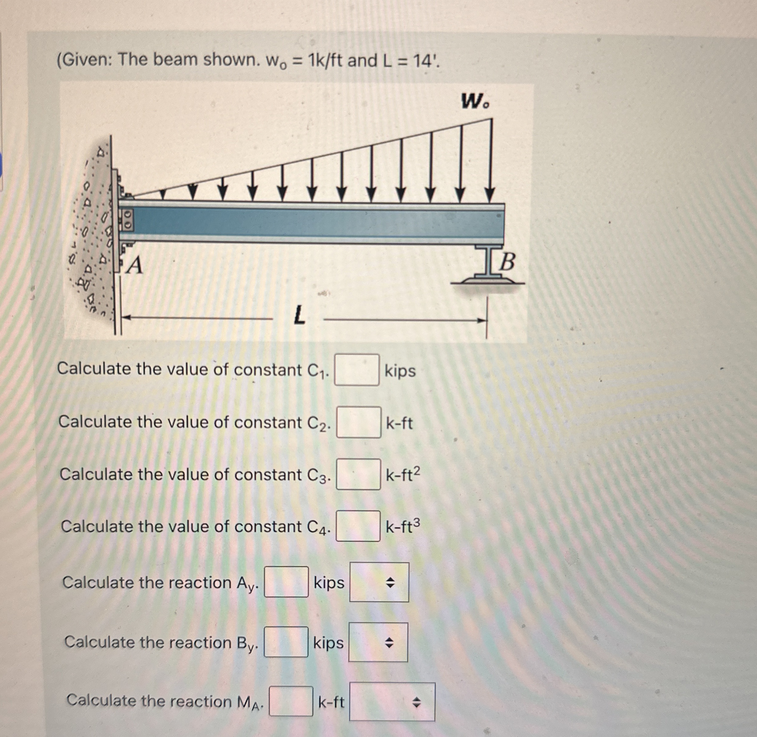( Given: The beam shown. w 0 = 1 k f t and L = 1