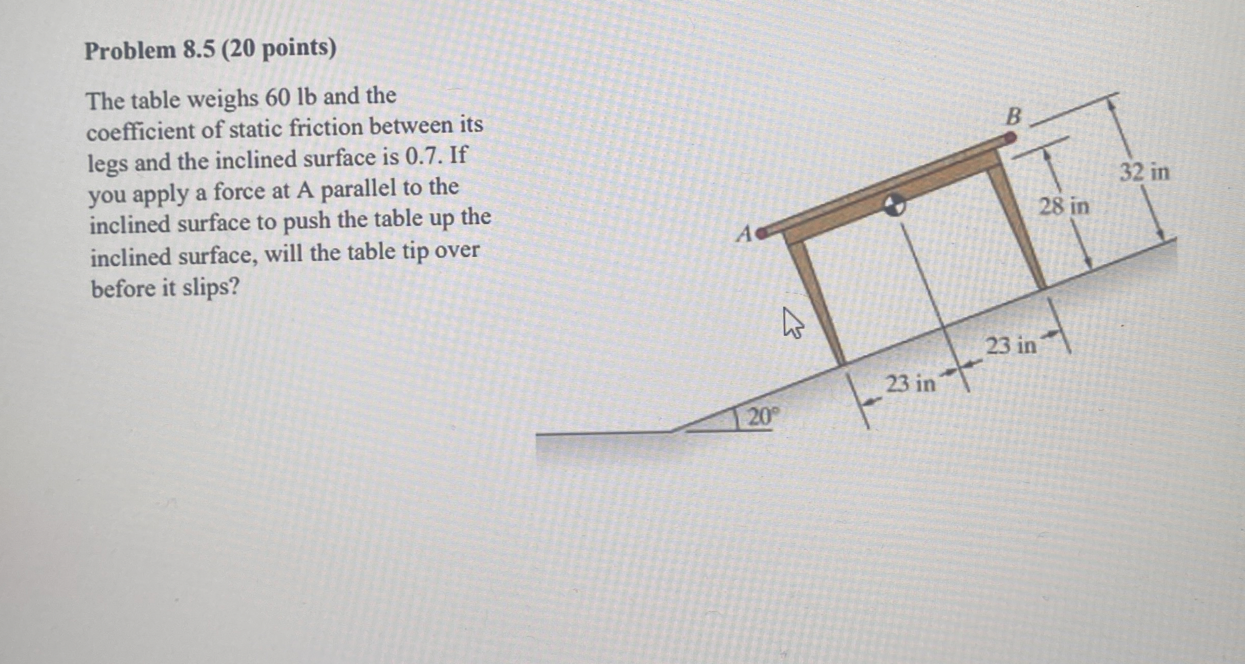 Problem 8 . 5 ( 2 0 points ) The table weighs 6 0