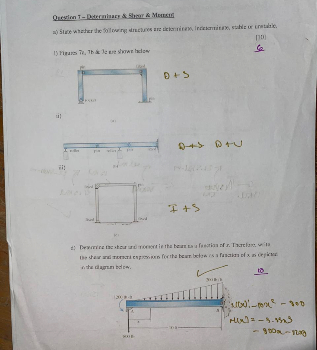 Question 7 - Determinacy & Shear & Moment a )