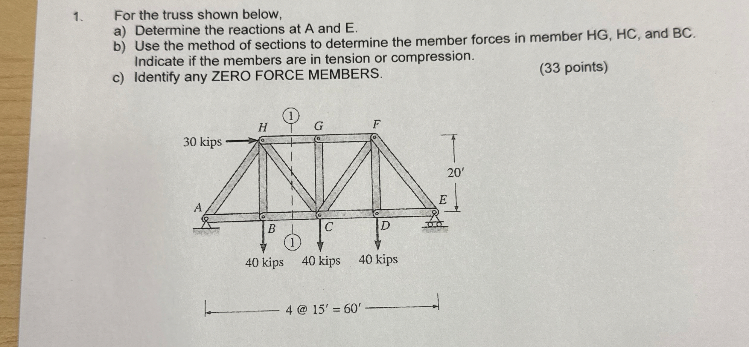 For the truss shown below, a ) Determine the