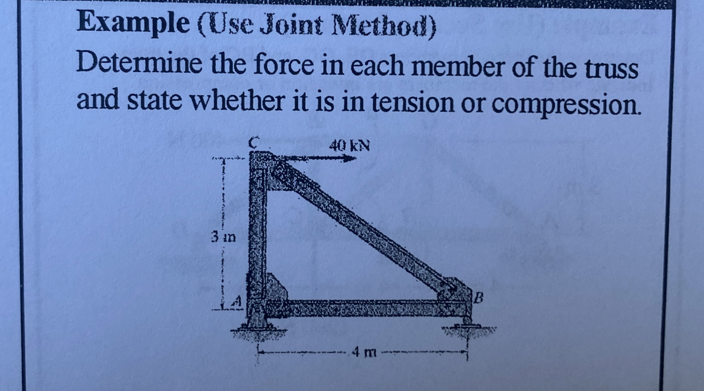 Example ( Use Joint Method ) Determine the force