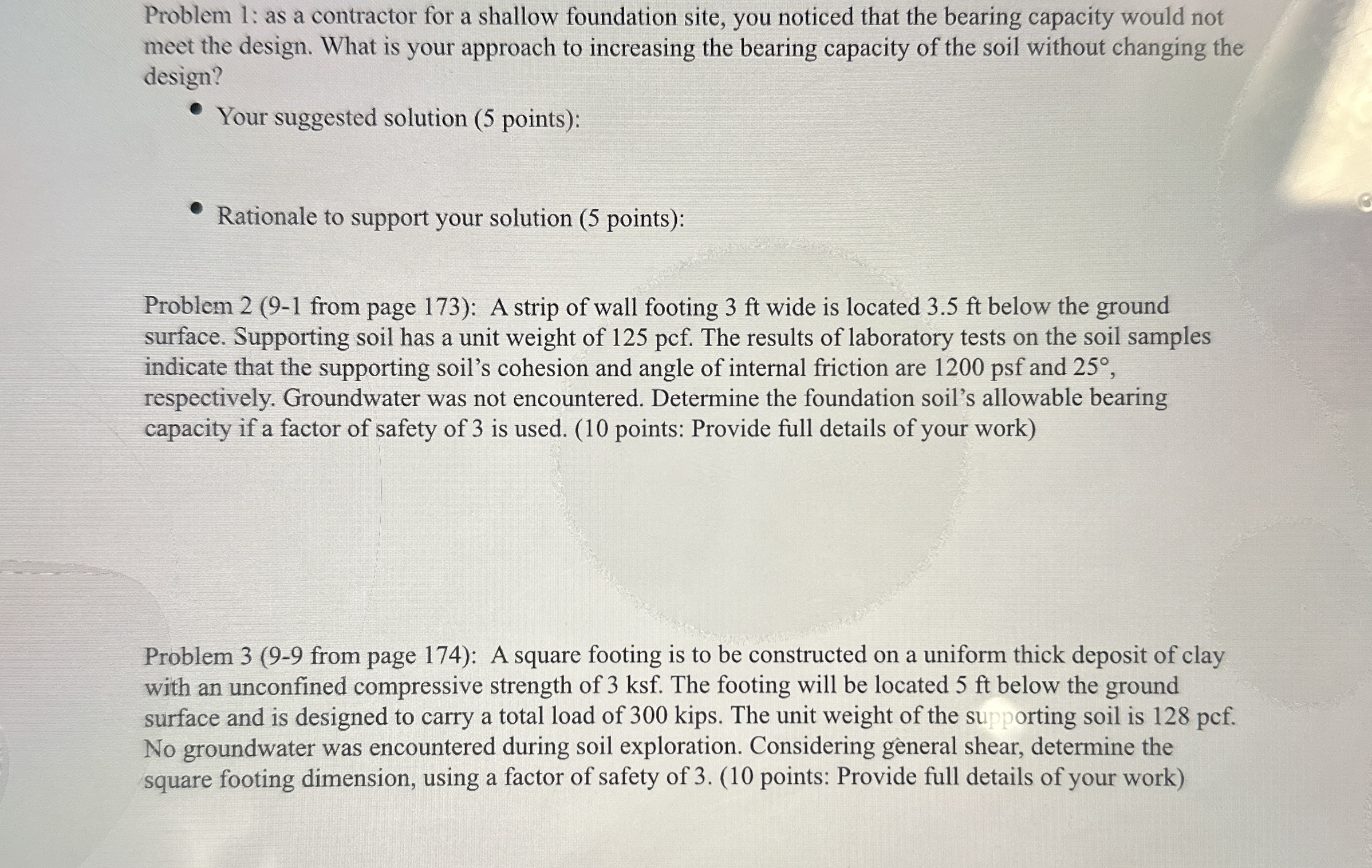 Problem 1 : as a contractor for a shallow