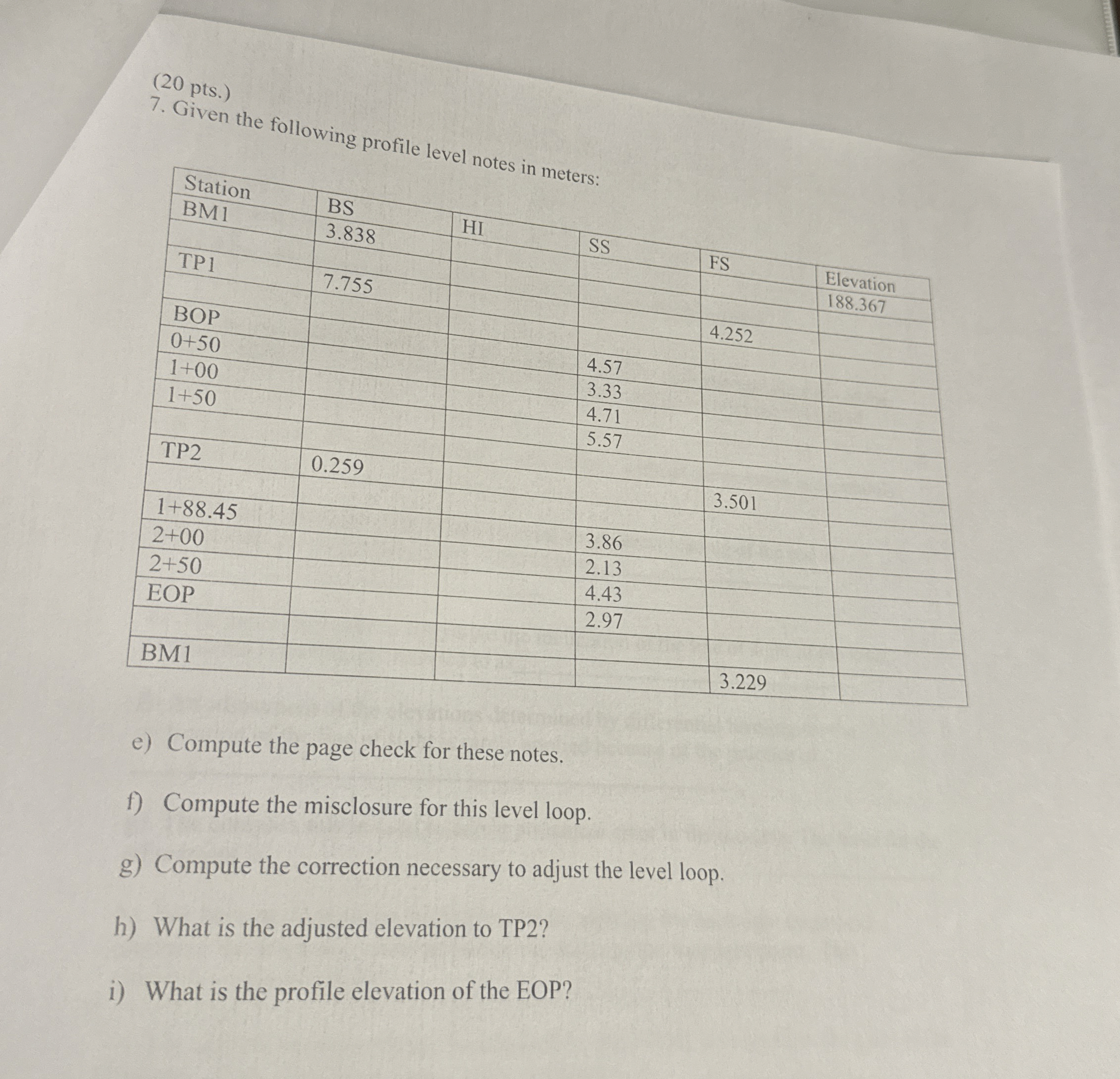 ( 2 0 pts . ) 7 . Given the following profile