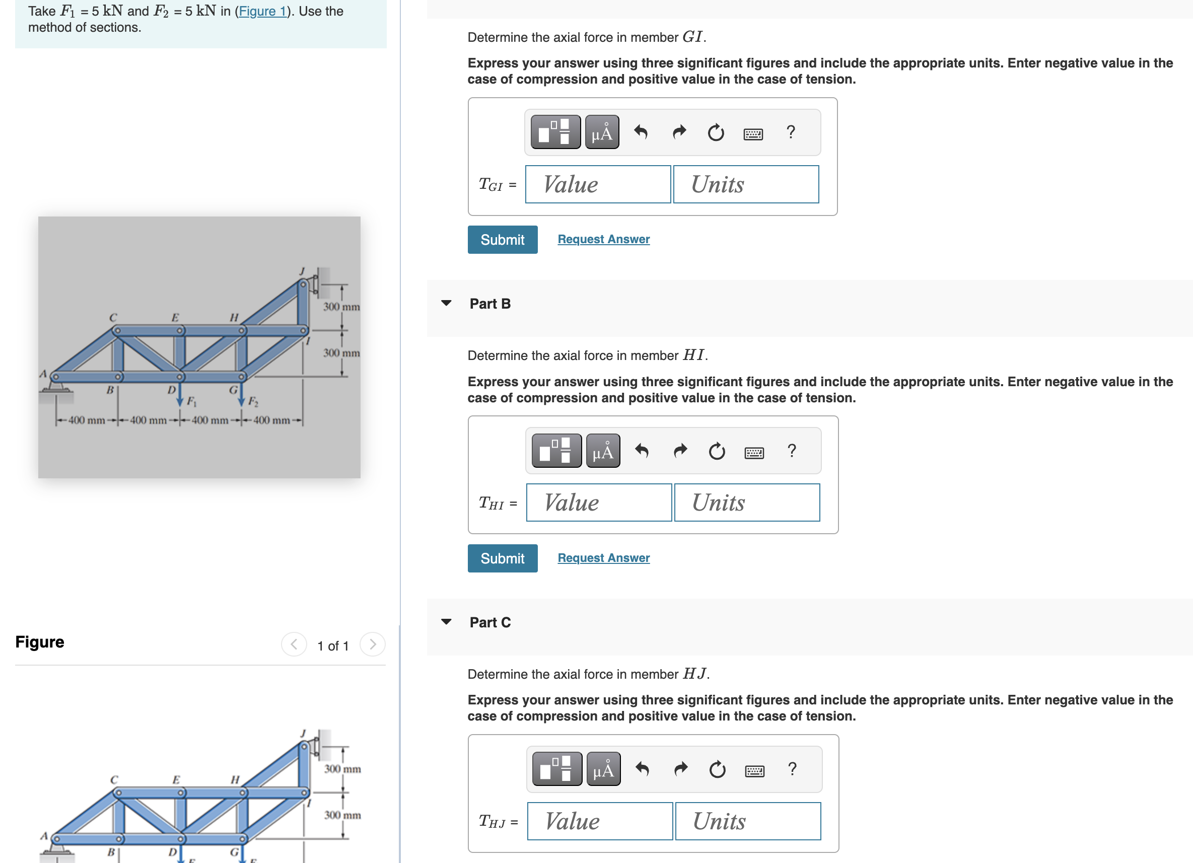 Take \ ( F _ { 1 } = 5 \ mathrm { kN } \ ) and \