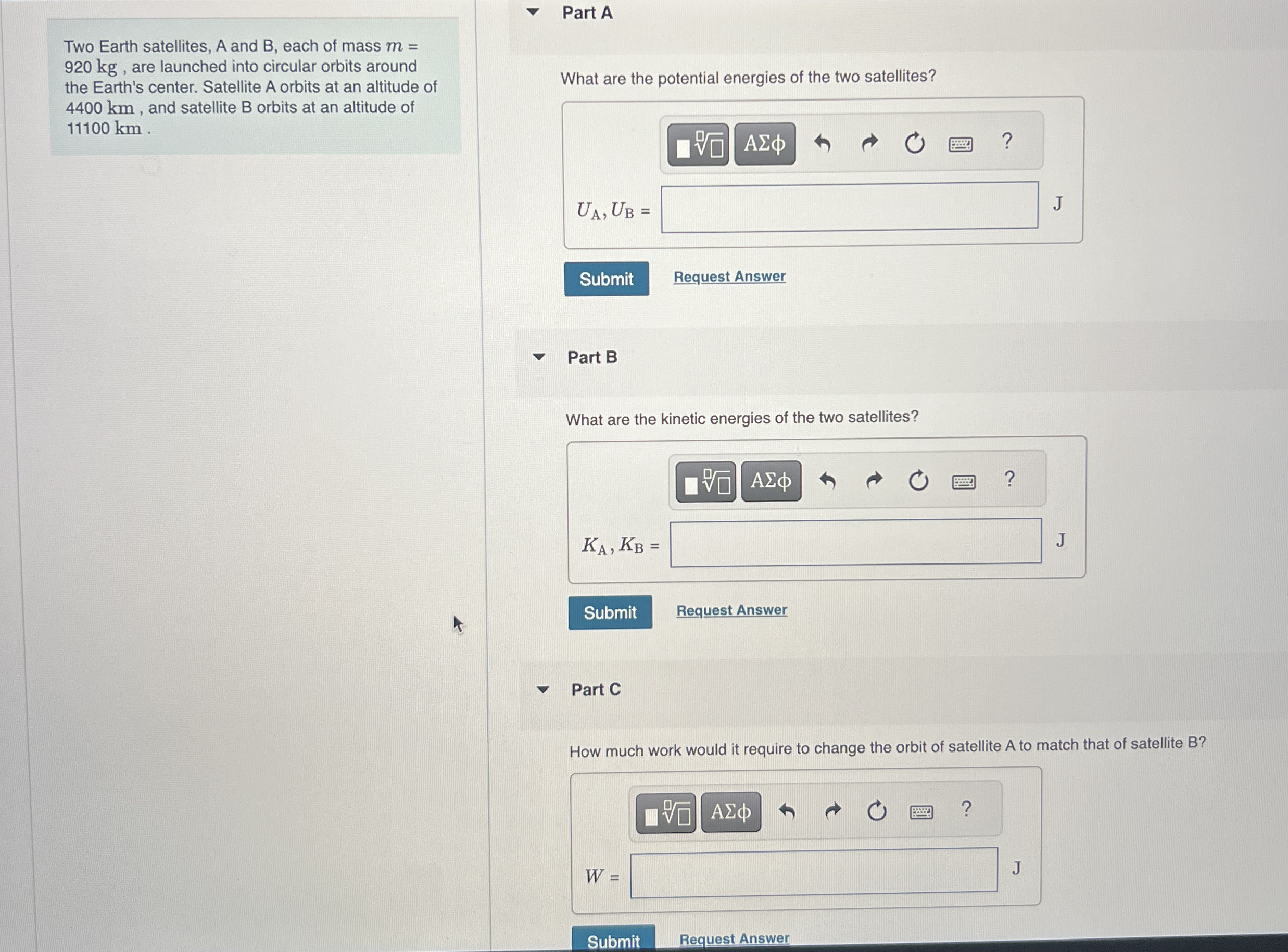 Two Earth satellites, A and B , each of mass m =