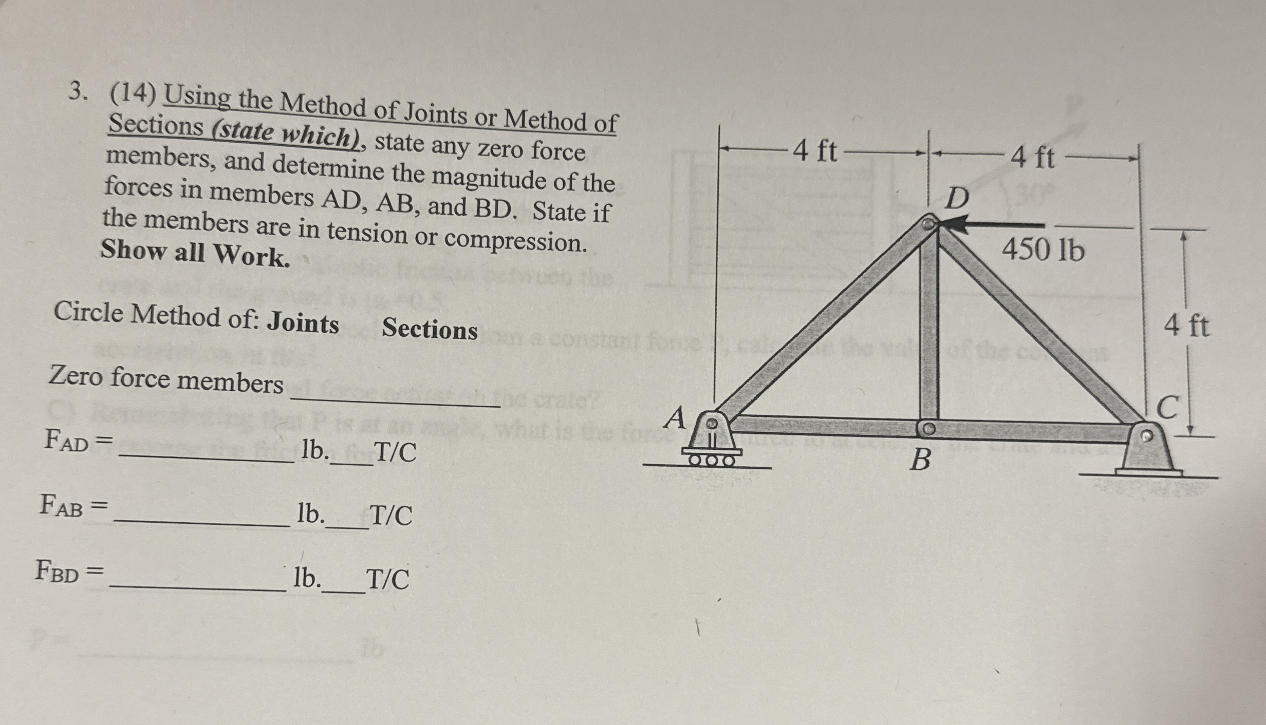 ( 1 4 ) Using the Method of Joints or Method of