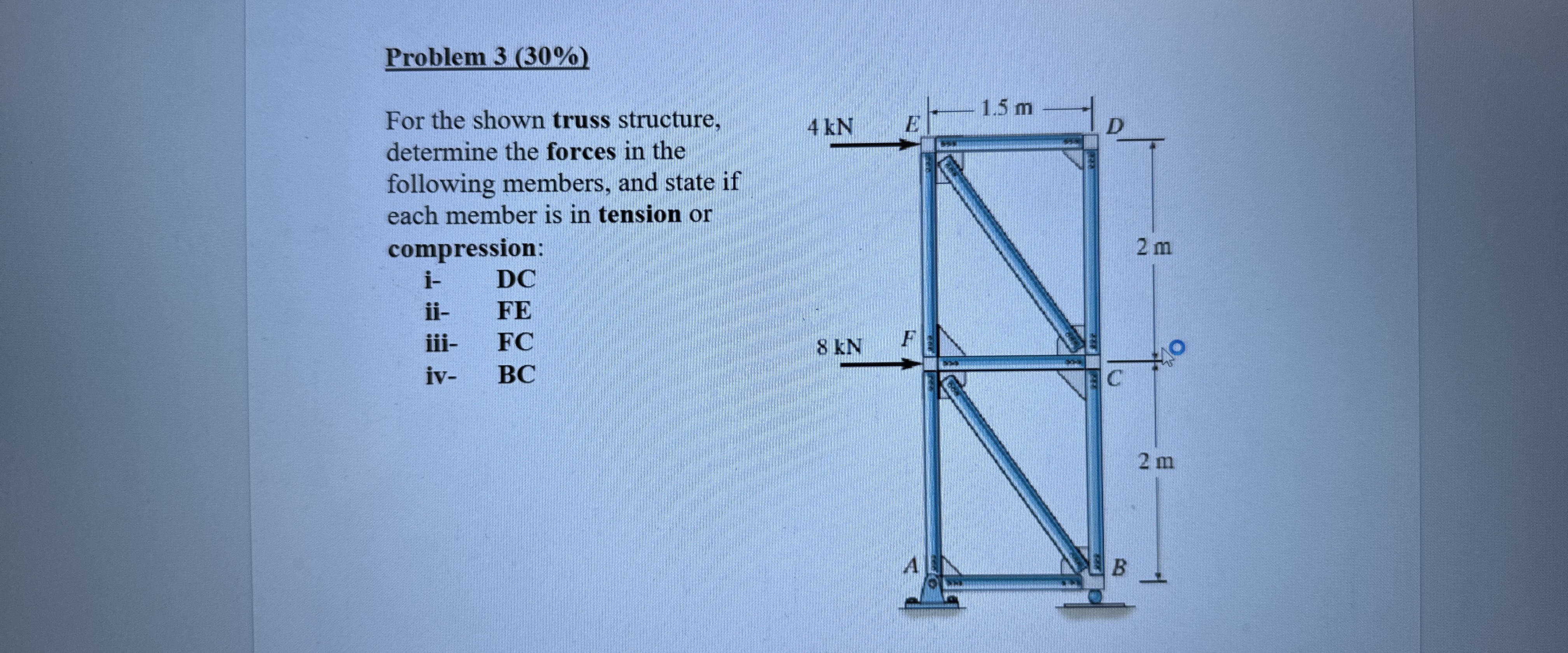 Problem 3 ( 3 0 % ) For the shown truss