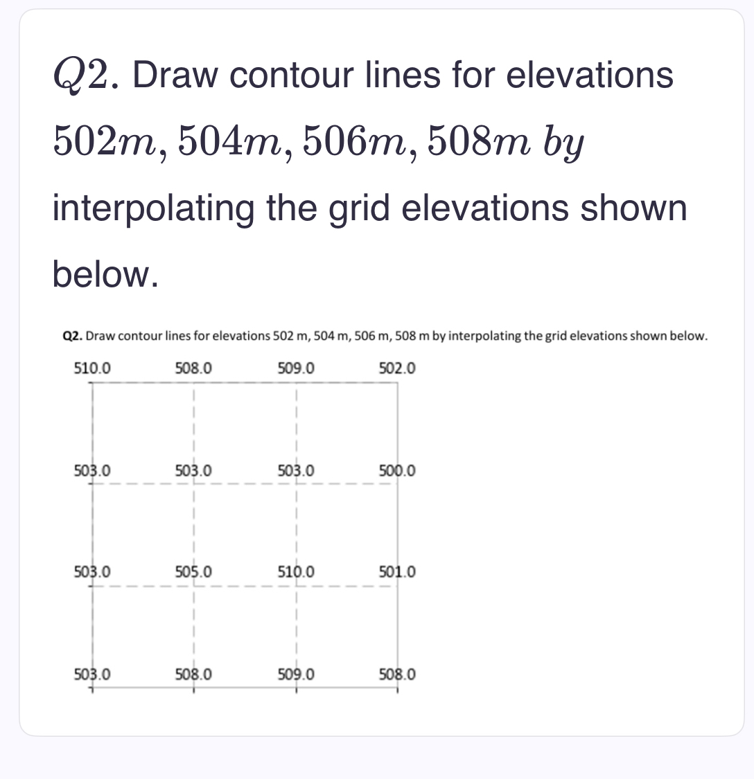 Q 2 . Draw contour lines for elevations 5 0 2 m ,