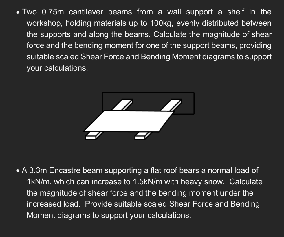 Two 0 . 7 5 m cantilever beams from a wall