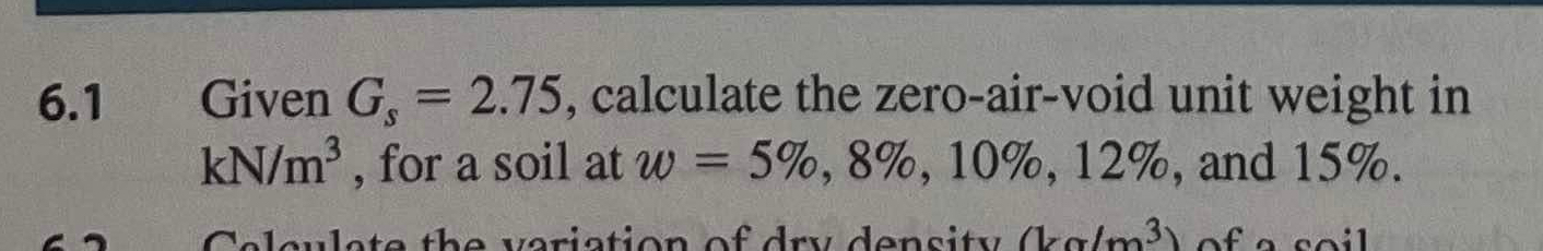 6 . 1 Given G s = 2 . 7 5 , calculate the zero -