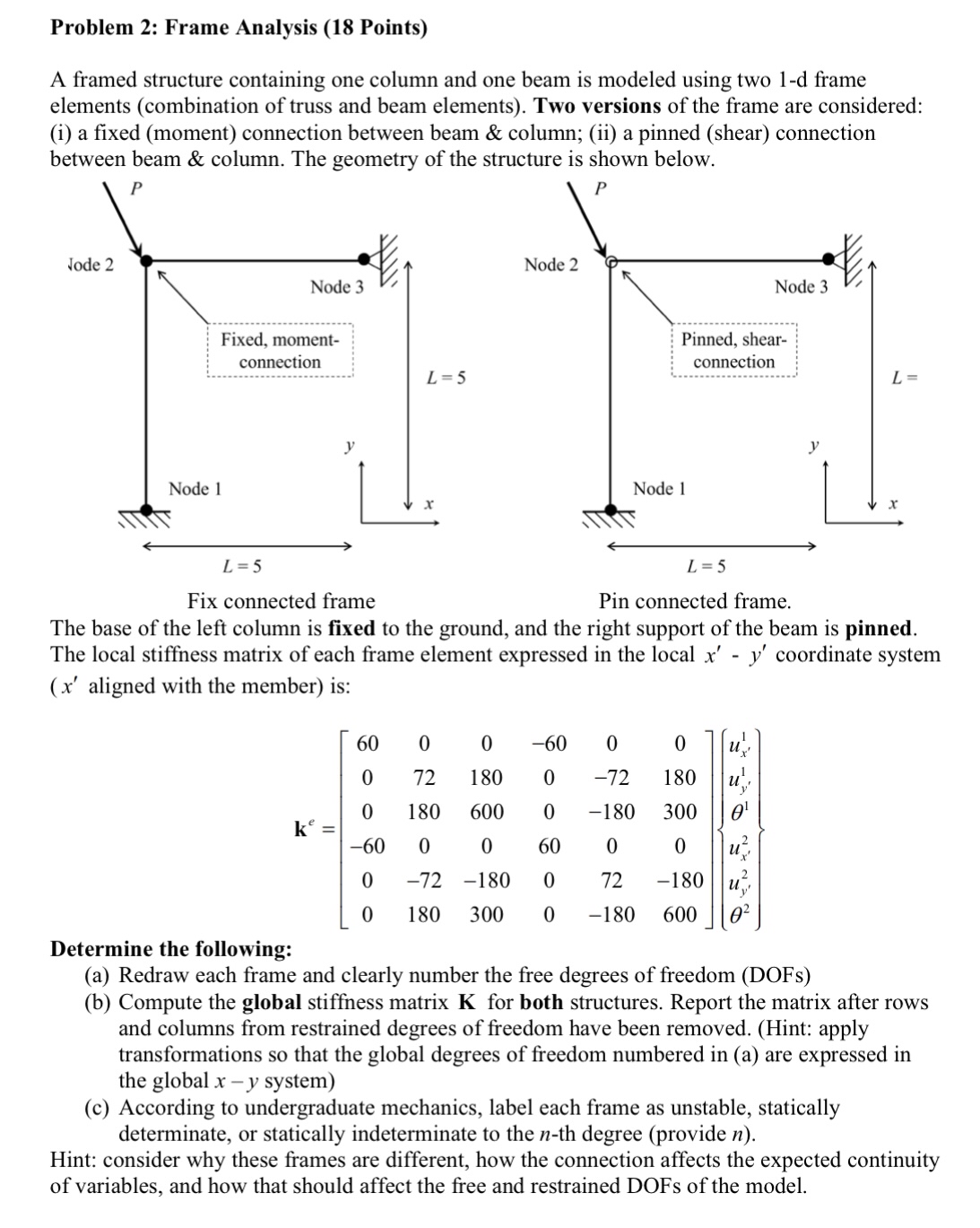 Problem 2 : Frame Analysis ( 1 8 Points ) A