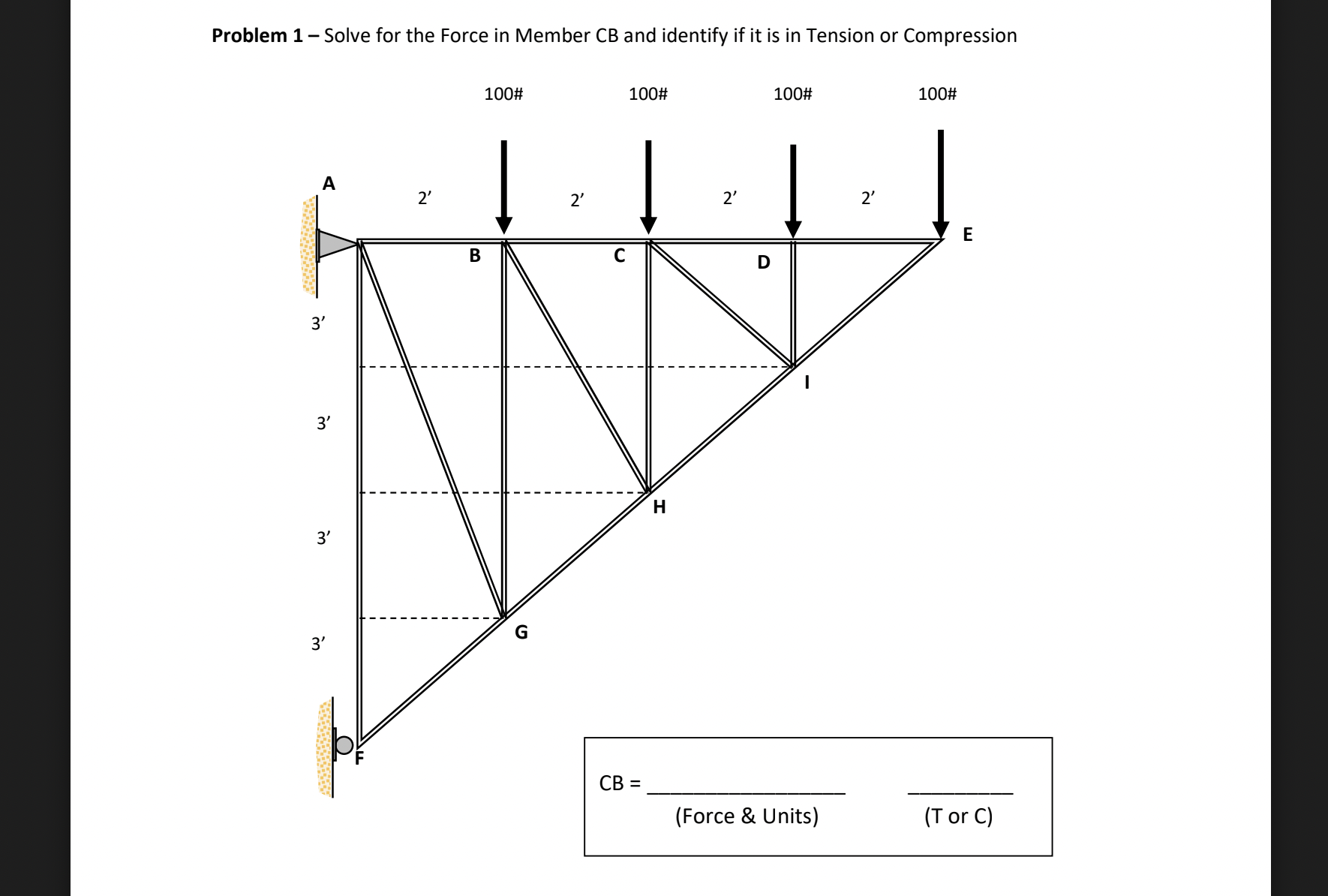 Problem 1 - Solve for the Force in Member CB and