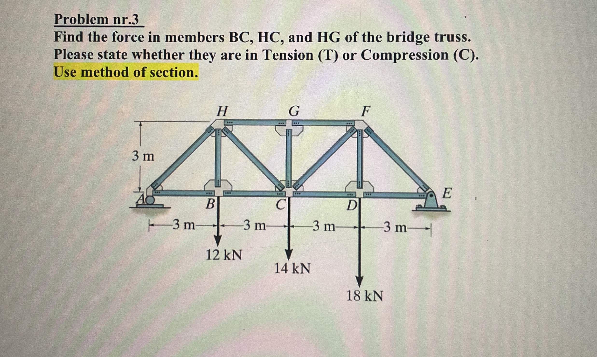 Problem nr . 3 Find the force in members B C , H