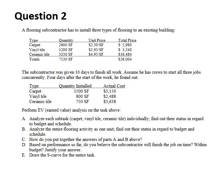 Question 2 A flooring subcontractor has to