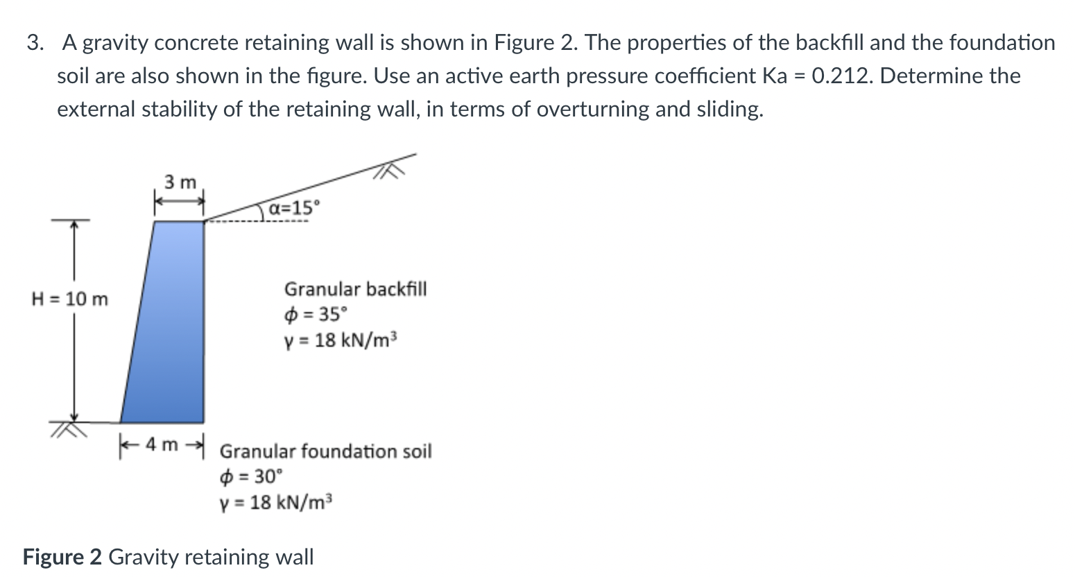 3 . A gravity concrete retaining wall is shown in