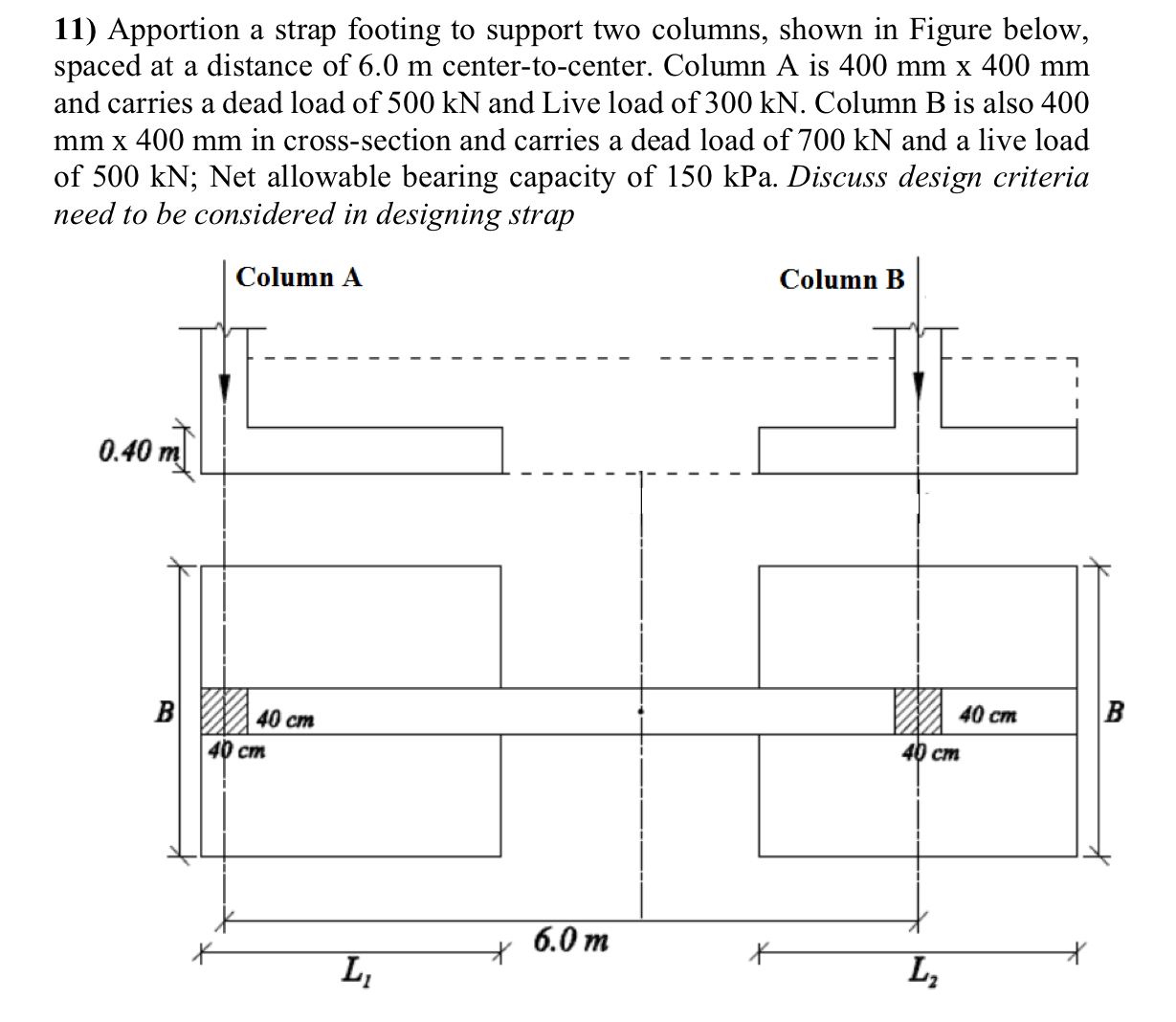 Apportion a strap footing to support two columns,