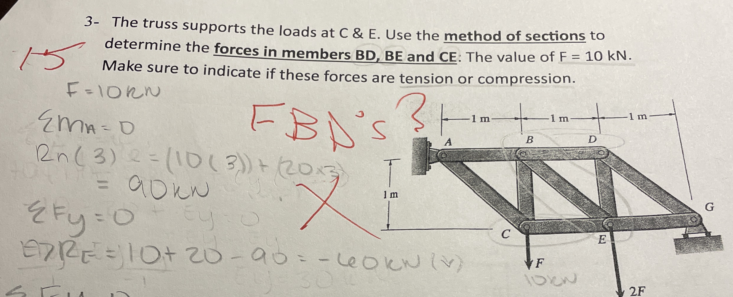 3 - The truss supports the loads at C & E . Use