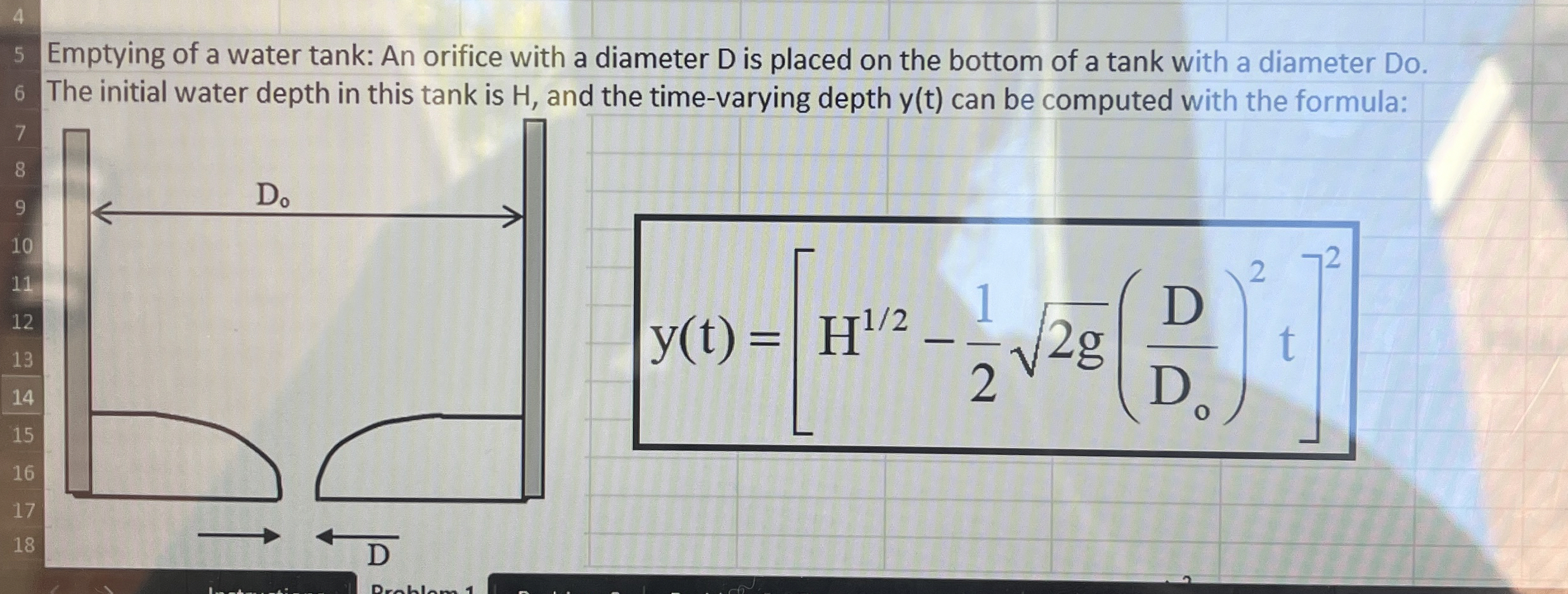 Emptying of a water tank: An orifice with a