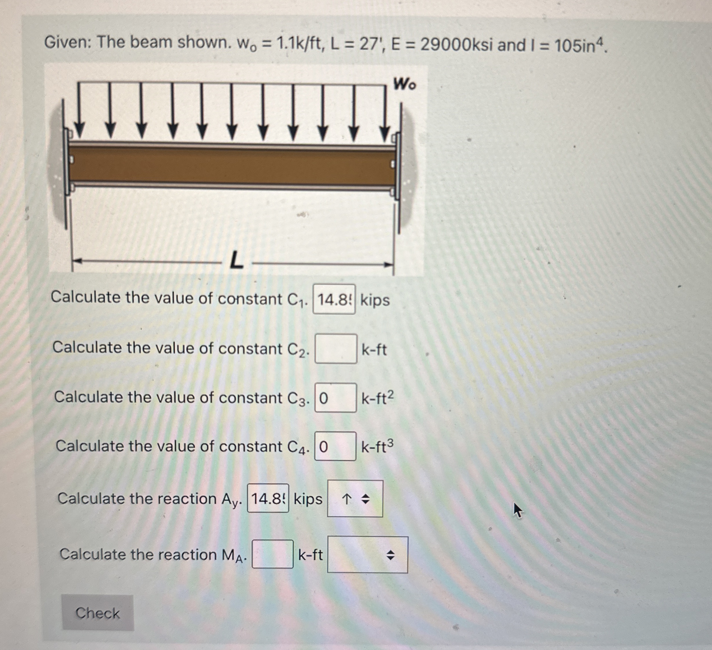 Given: The beam shown. w 0 = 1 . 1 k f t , L = 2