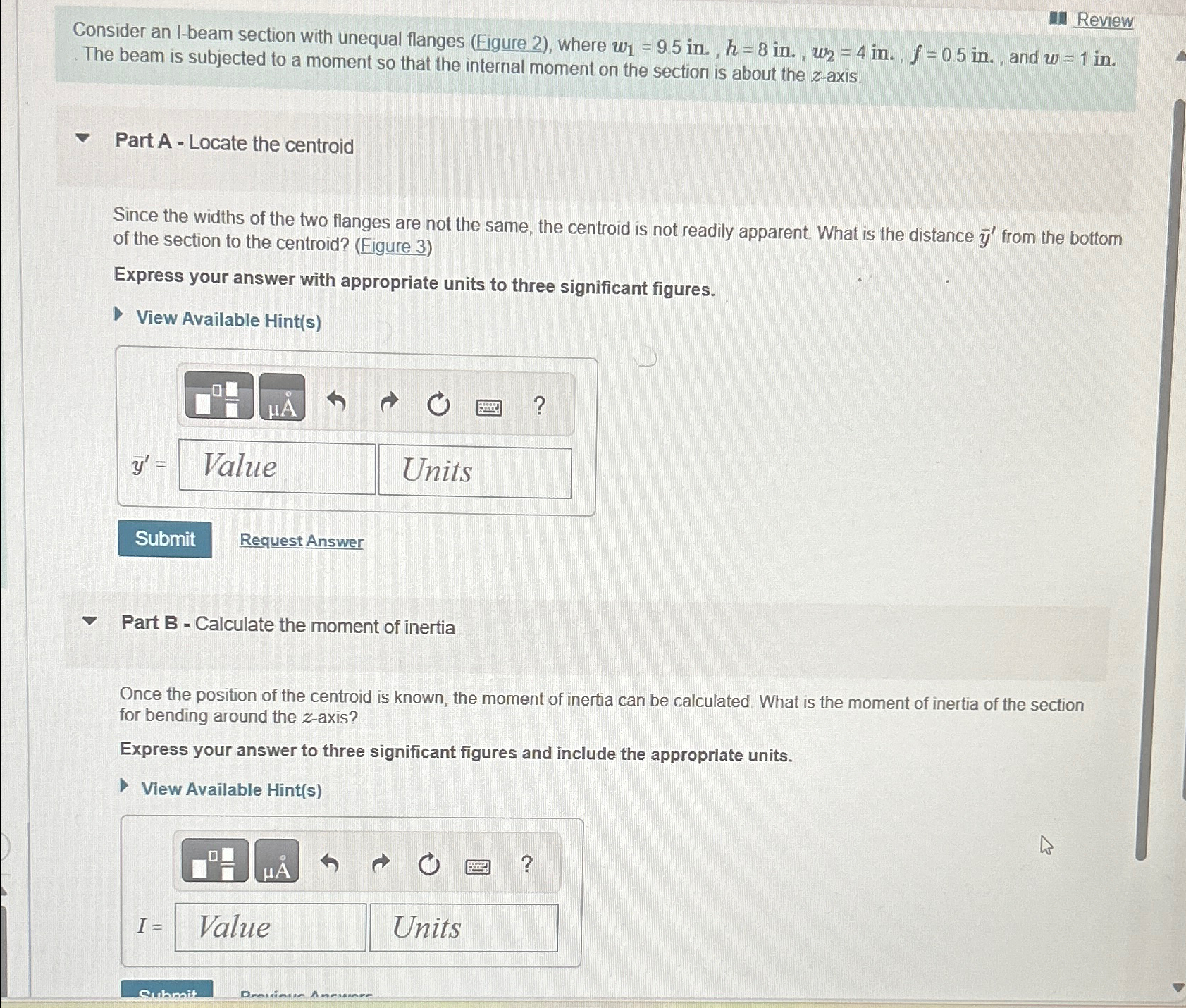 Consider an I - beam section with unequal flanges