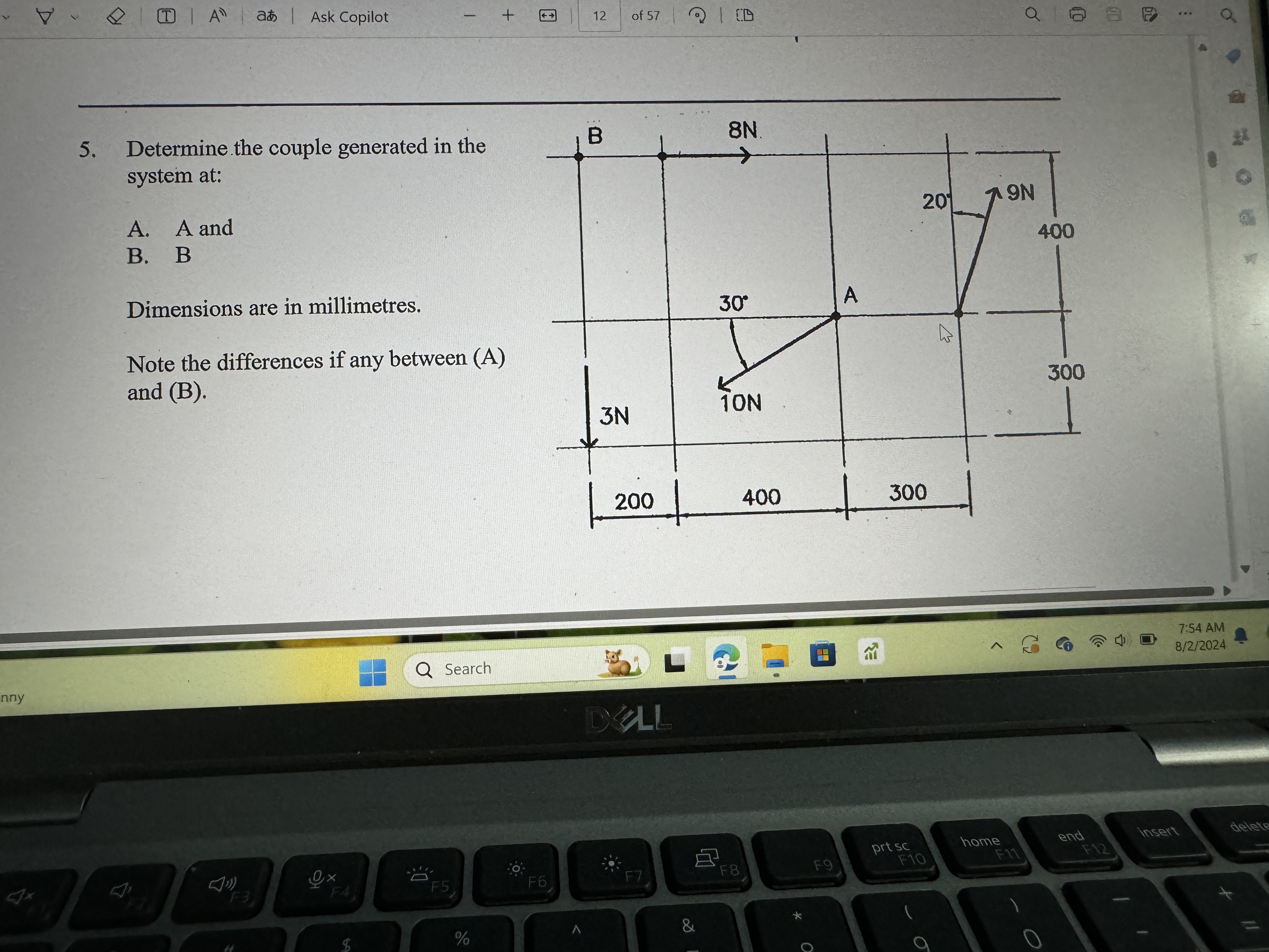 Determine the couple generated in the system at: