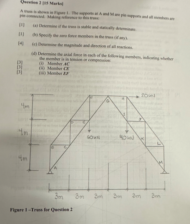 Question 2 [ 1 5 Marks ] A truss is shown in