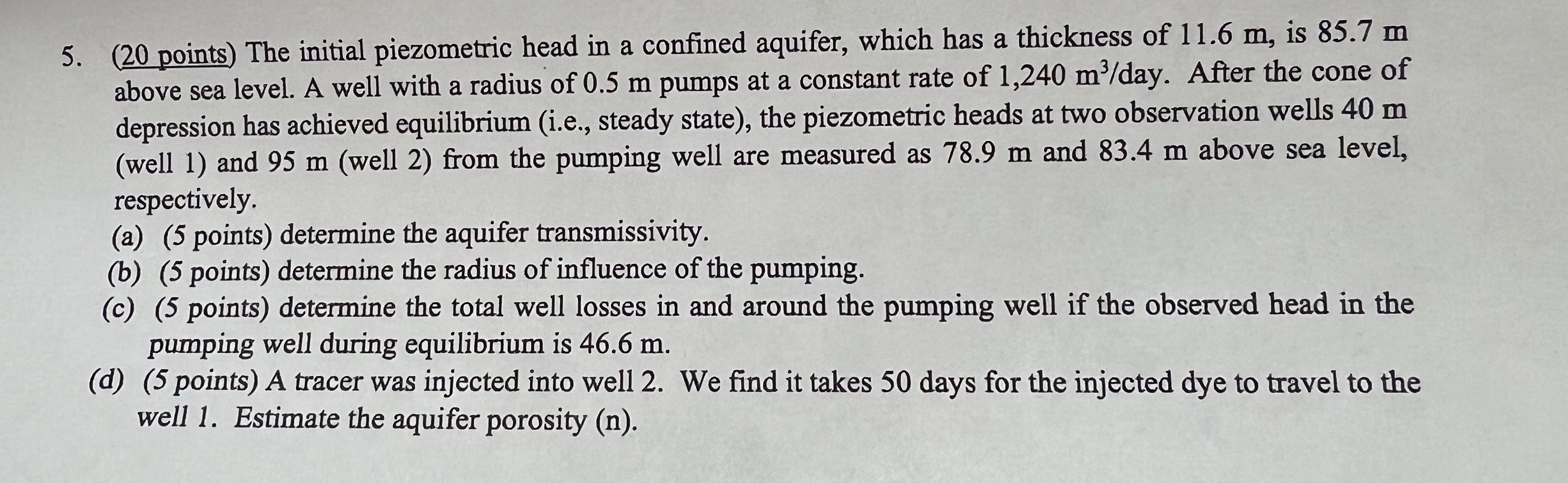 ( 2 0 points ) The initial piezometric head in a