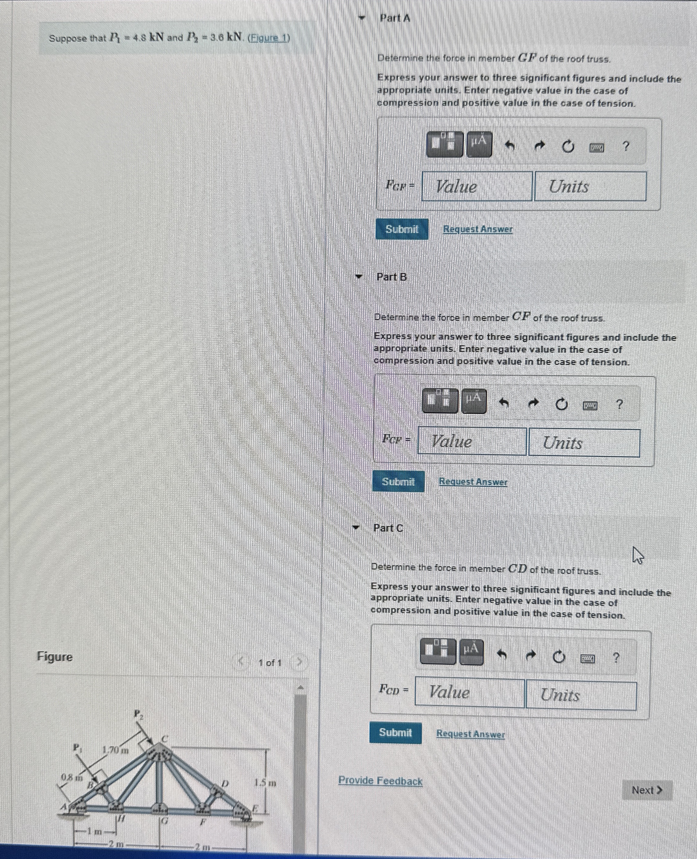 Suppose that P 1 = 4 . 8 kN and P 2 = 3 . 6 kN .