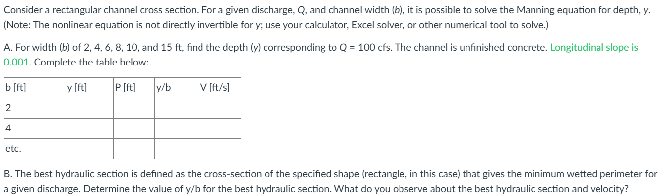 Consider a rectangular channel cross section. For