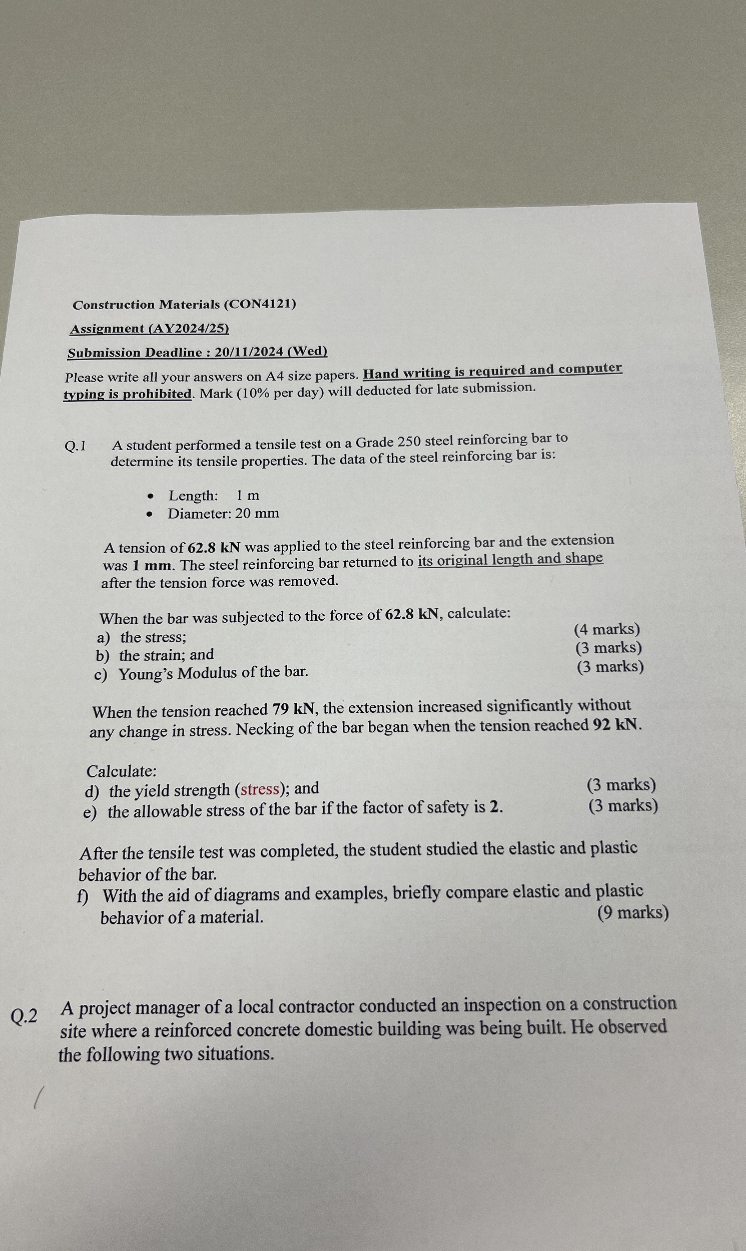 Construction Materials ( CON 4 1 2 1 ) Assignment