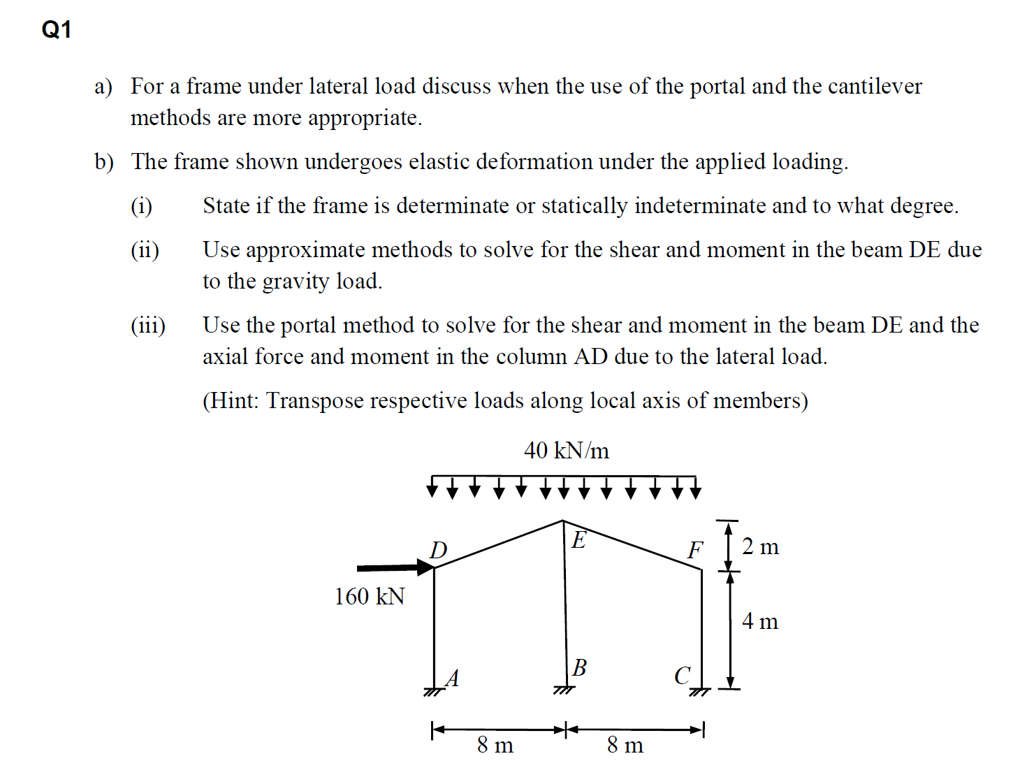 Q 1 a ) For a frame under lateral load discuss