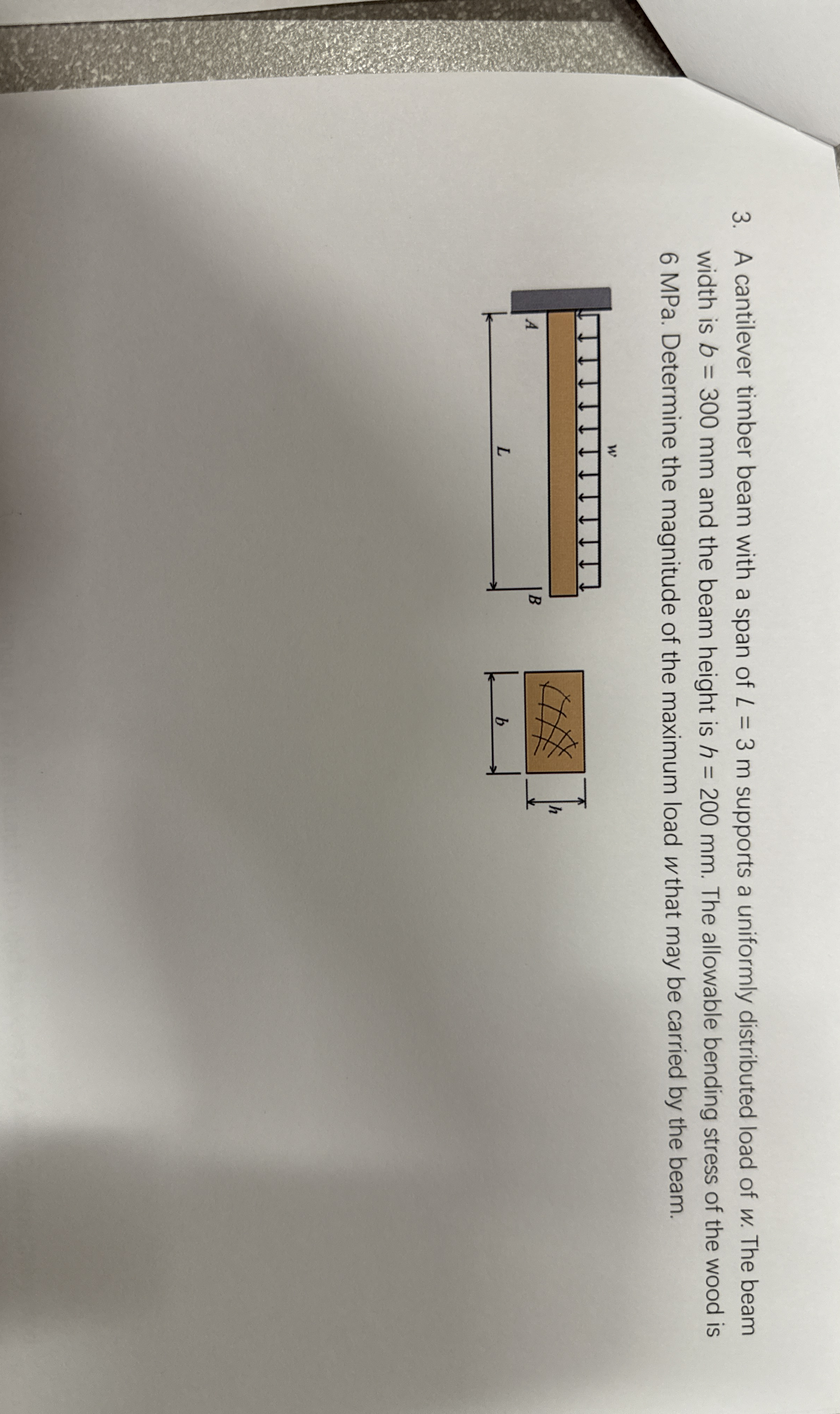 A cantilever timber beam with a span of L = 3 m