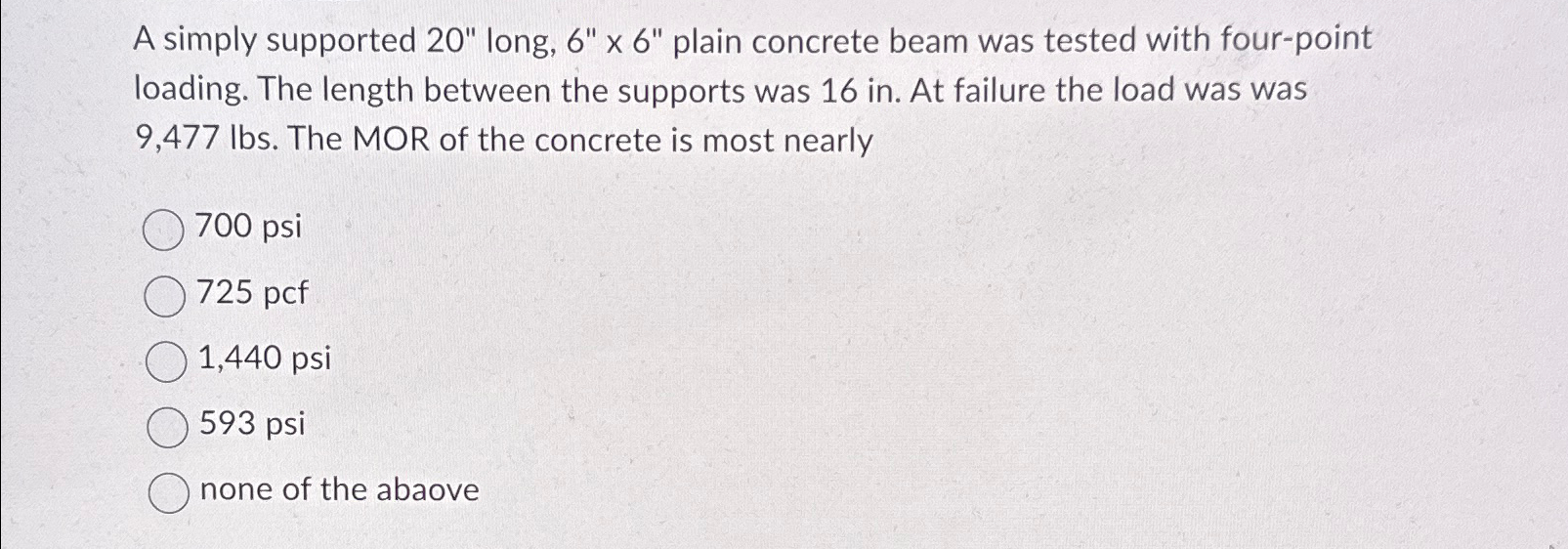 A simply supported 2 0 " long, 6 x x 6 " plain
